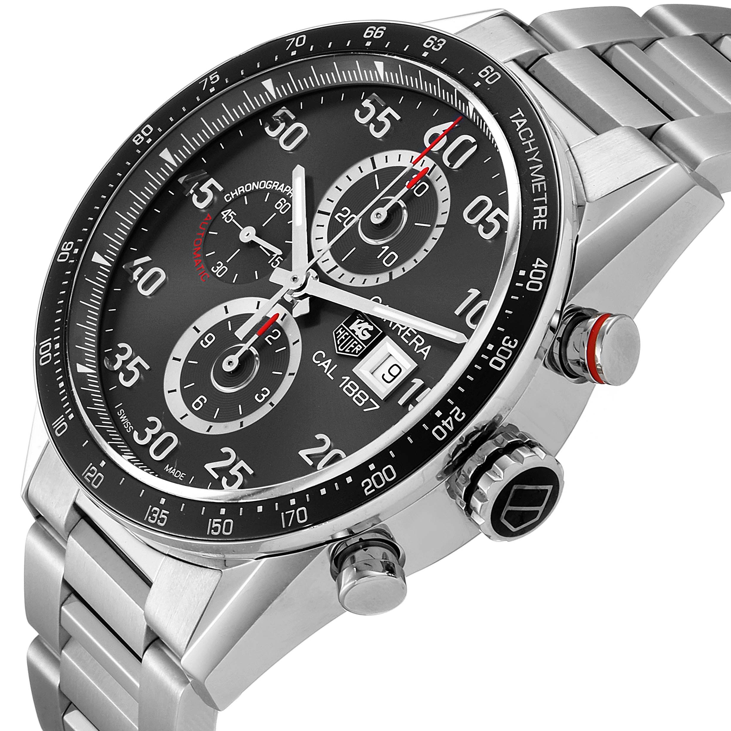The image shows a Tag Heuer Carrera CAR2A11.BA0799 Men's Stainless Steel Grey Dial CAR2A11.BA0799 Men's Stainless Steel Grey Dial watch from a slightly angled side view, highlighting its dial, bezel, pushers, and bracelet.
