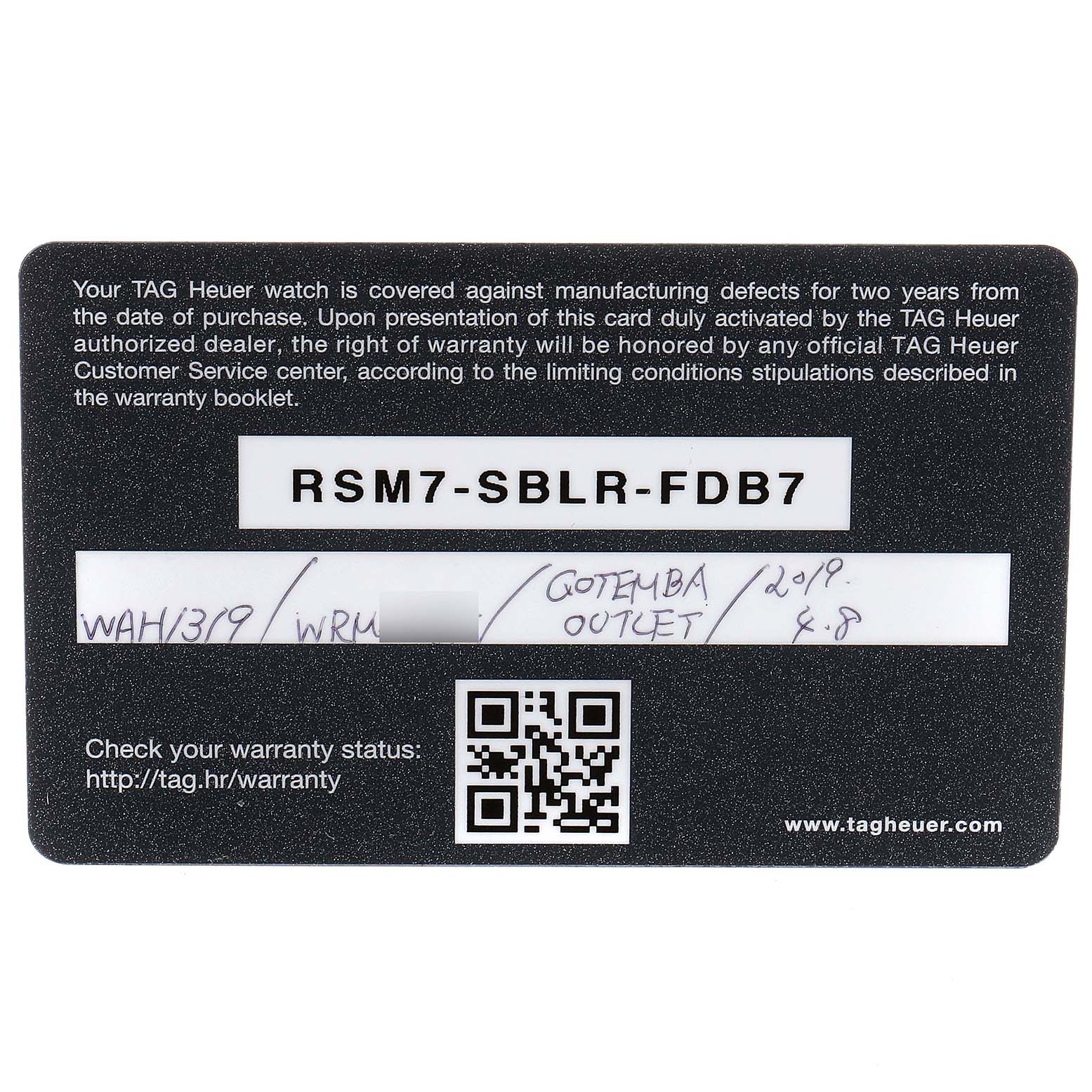 The image shows a warranty card for the Tag Heuer Formula 1 WAH1319.BA0868 Women's Stainless Steel White Dial WAH1319.BA0868 Women's Stainless Steel White Dial watch model.