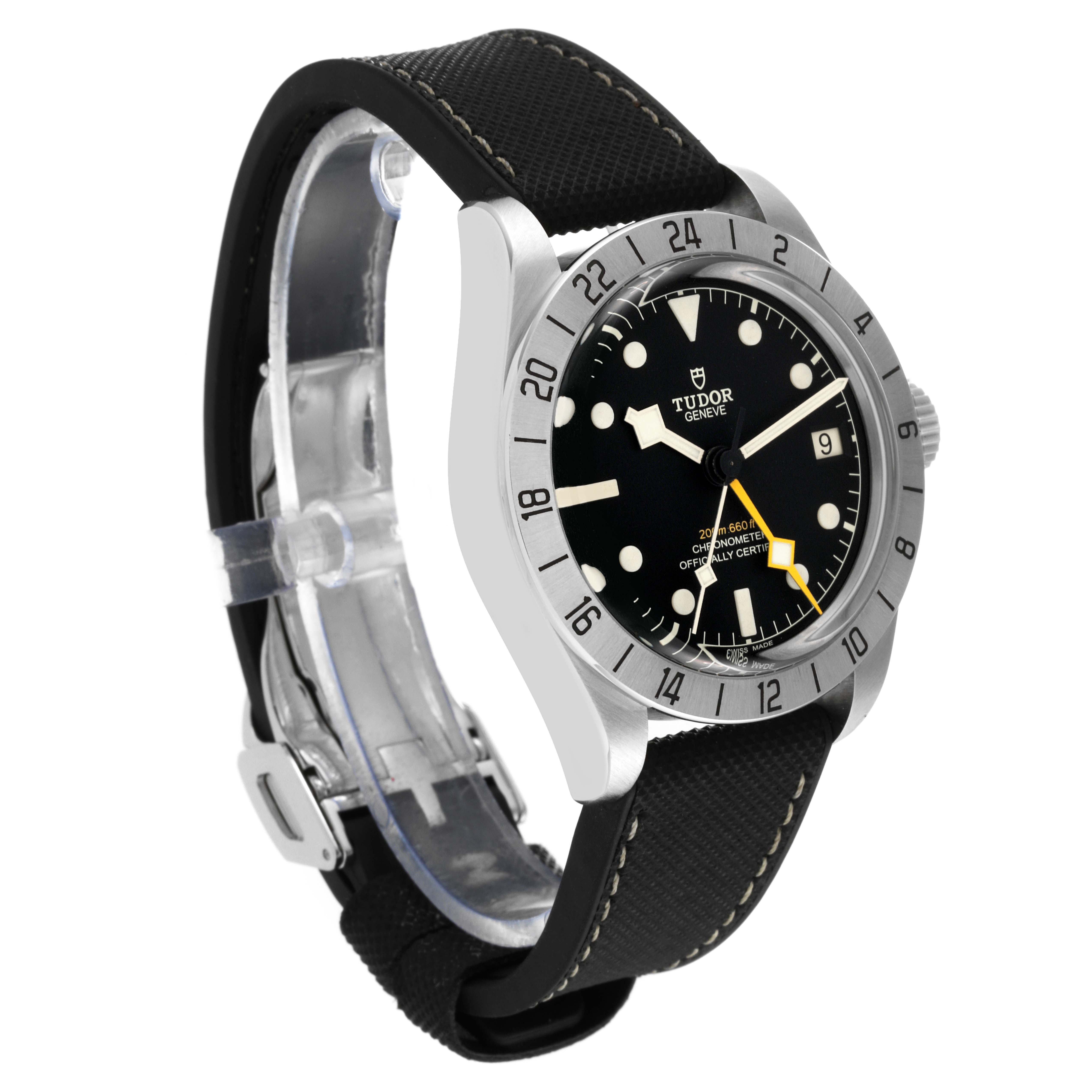 The Tudor Heritage Black Bay M79470 Men
s Stainless Steel Black Dial M79470 Men
s Stainless Steel Black Dial watch is shown at a 3/4 angle, displaying the face, bezel, crown, and strap.