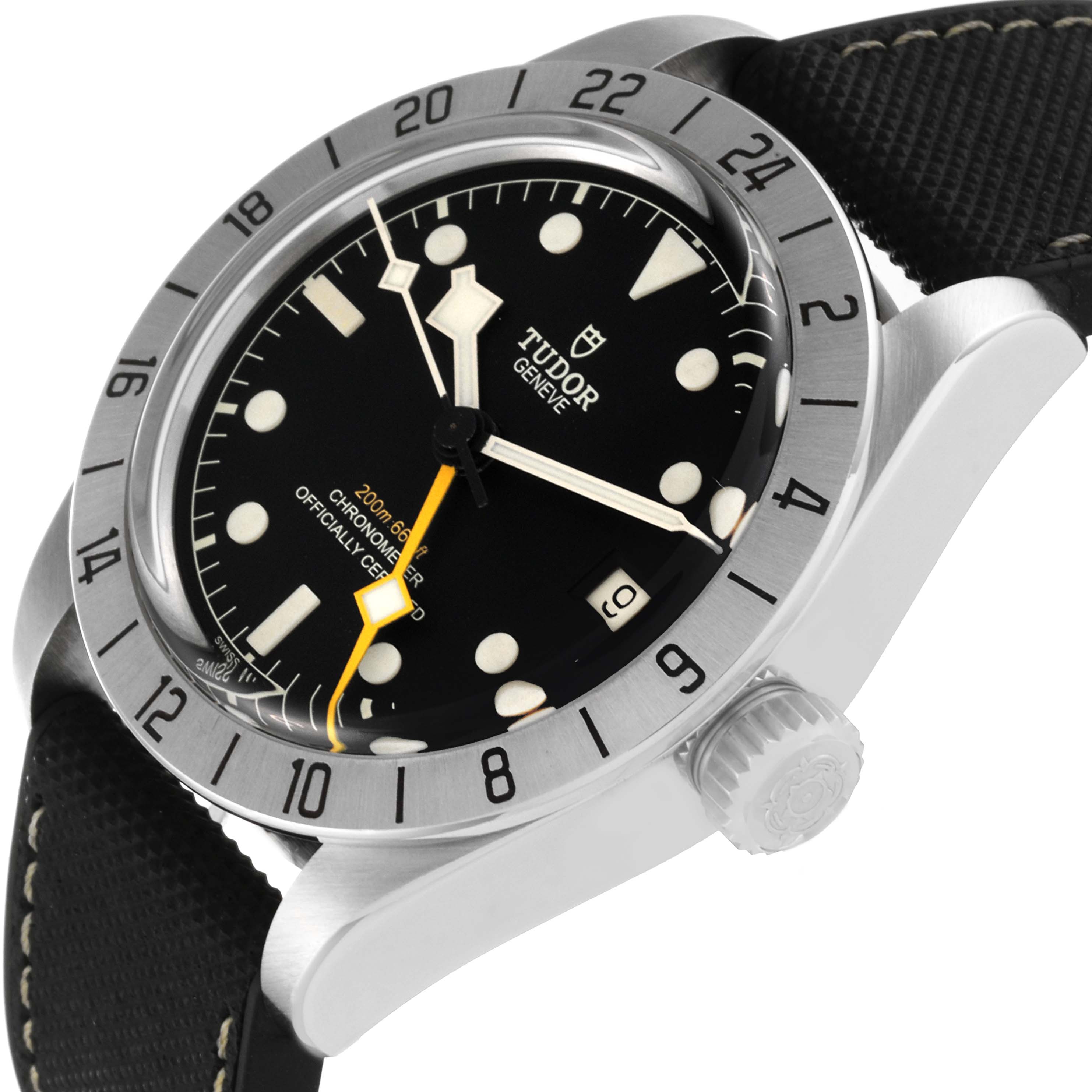 The image shows a Tudor Heritage Black Bay M79470 Men
s Stainless Steel Black Dial M79470 Men
s Stainless Steel Black Dial watch at a slight angle, highlighting its dial, bezel, crown, and part of the strap.