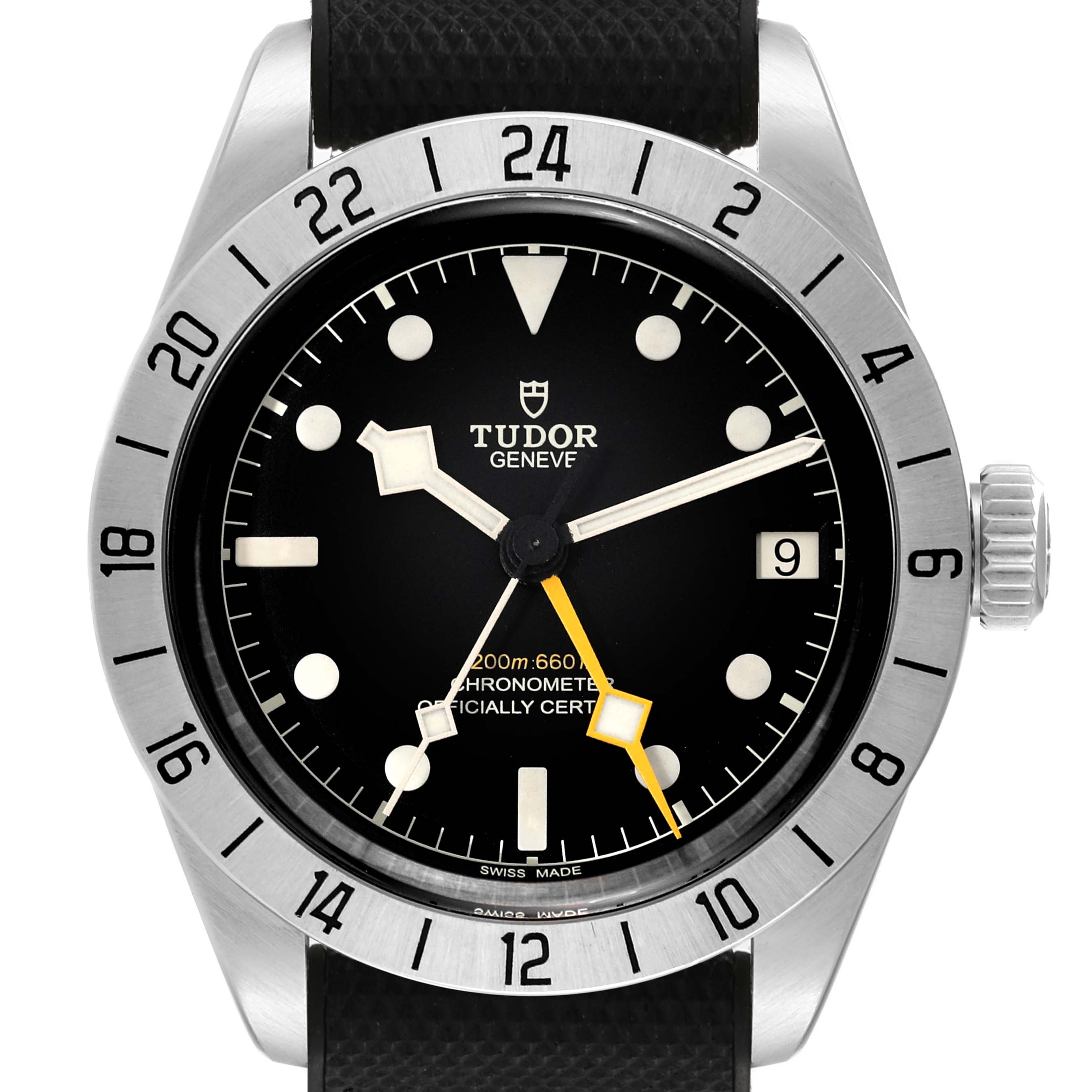 The image shows a front view of the Tudor Heritage Black Bay M79470 Men
s Stainless Steel Black Dial M79470 Men
s Stainless Steel Black Dial watch, highlighting its dial, bezel, and crown.