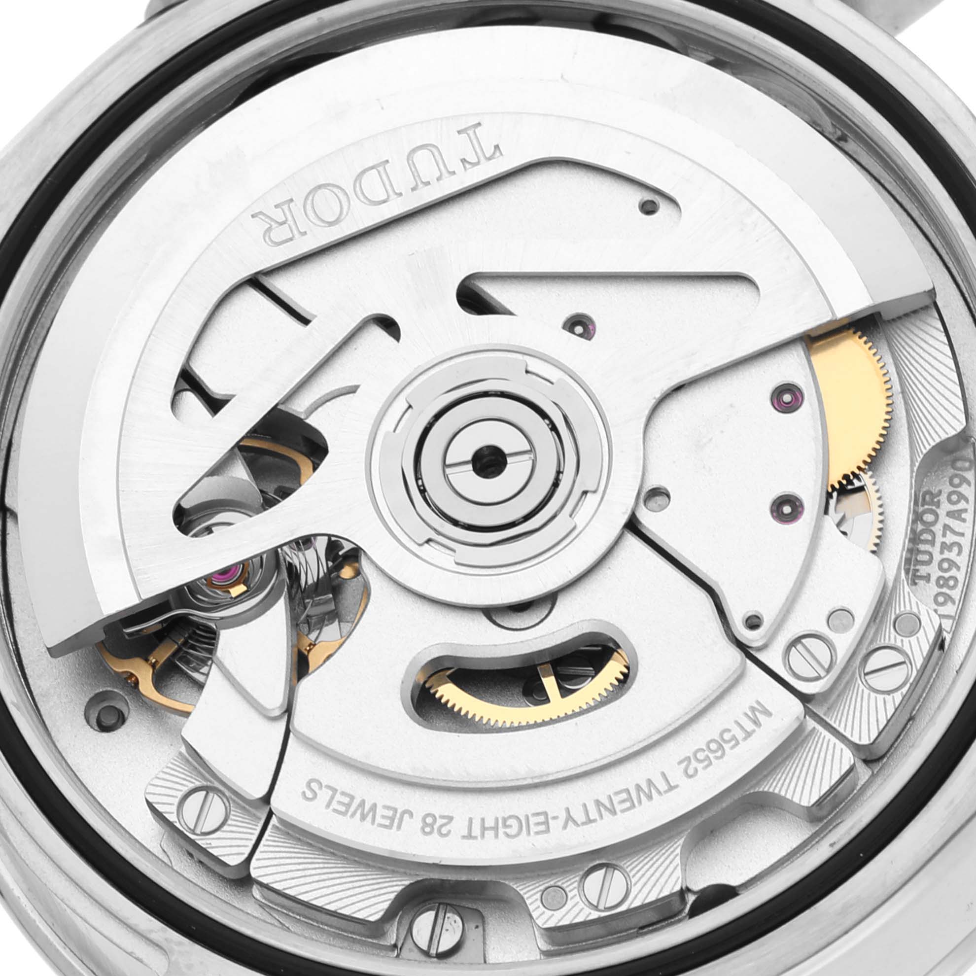 This image shows a close-up view of the movement inside the Tudor Heritage Black Bay M79470 Men
s Stainless Steel Black Dial M79470 Men
s Stainless Steel Black Dial watch.