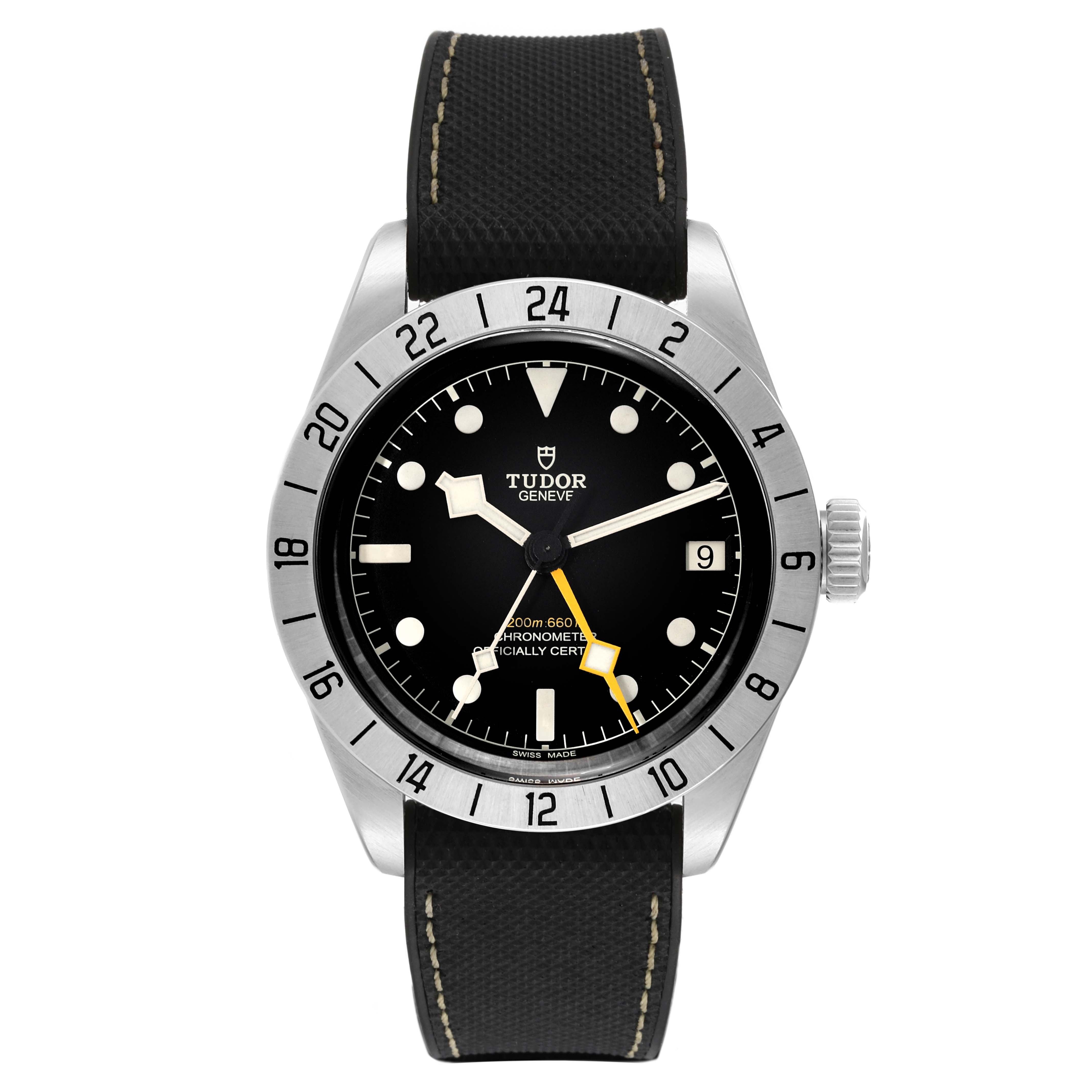 This is a front view of a Tudor Heritage Black Bay M79470 Men
s Stainless Steel Black Dial M79470 Men
s Stainless Steel Black Dial watch, displaying its dial, bezel, and strap.