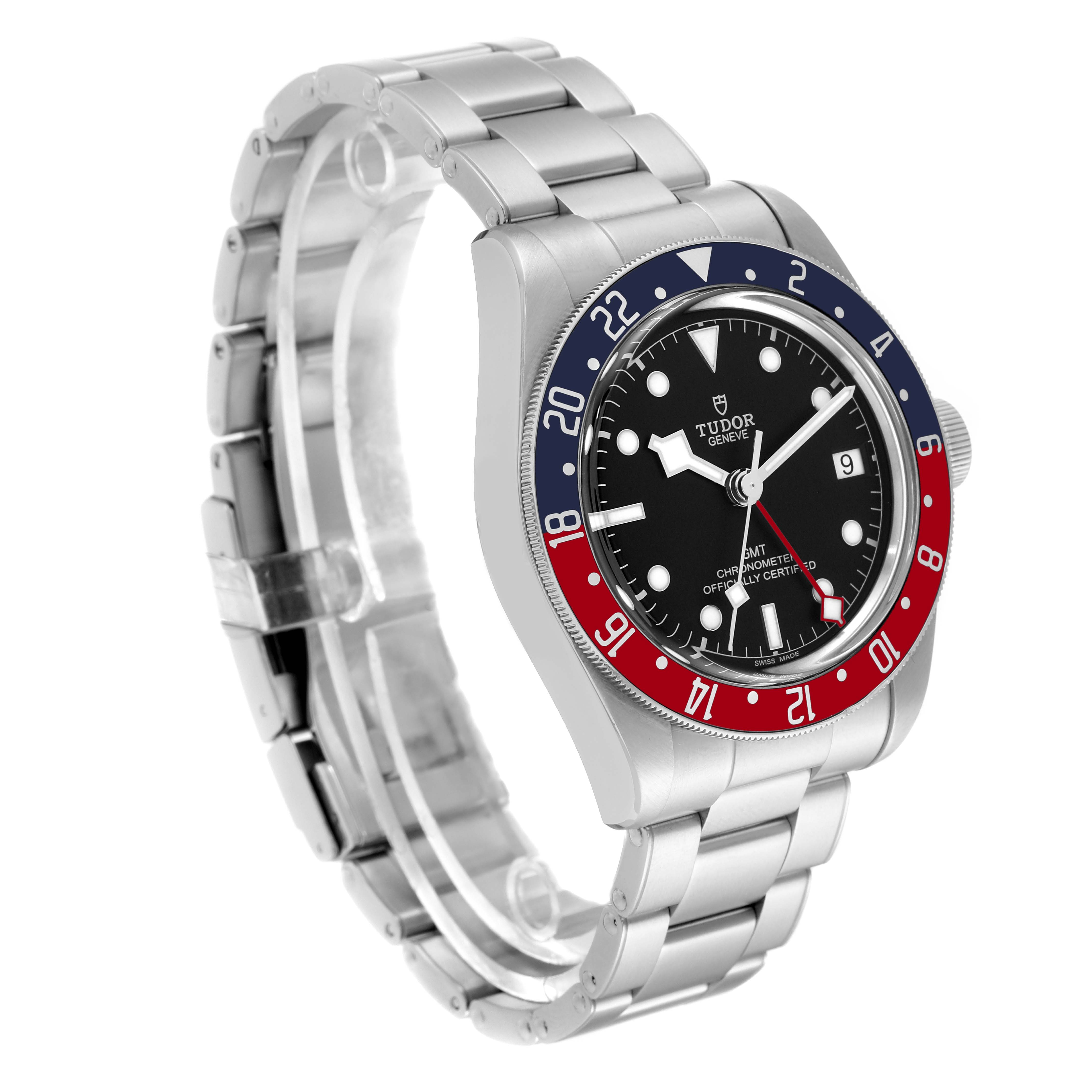 The image shows the Tudor Heritage Black Bay 79830RB Men
s Stainless Steel Black Dial 79830RB Men
s Stainless Steel Black Dial watch from a three-quarter angle, highlighting the face, bezel, crown, and bracelet.