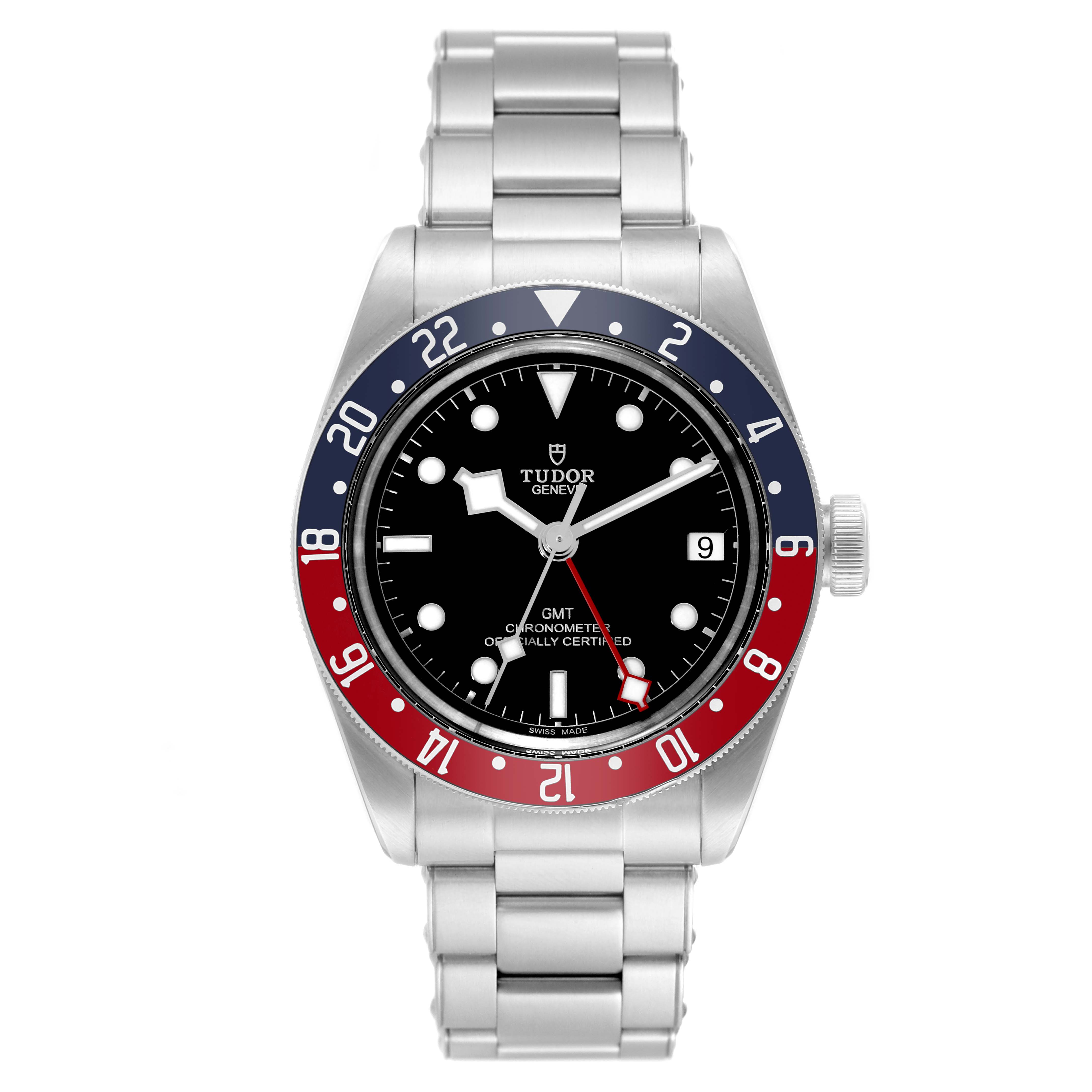 The image shows a front view of the Tudor Heritage Black Bay 79830RB Men
s Stainless Steel Black Dial 79830RB Men
s Stainless Steel Black Dial model with its bezel, dial, and metal bracelet clearly visible.