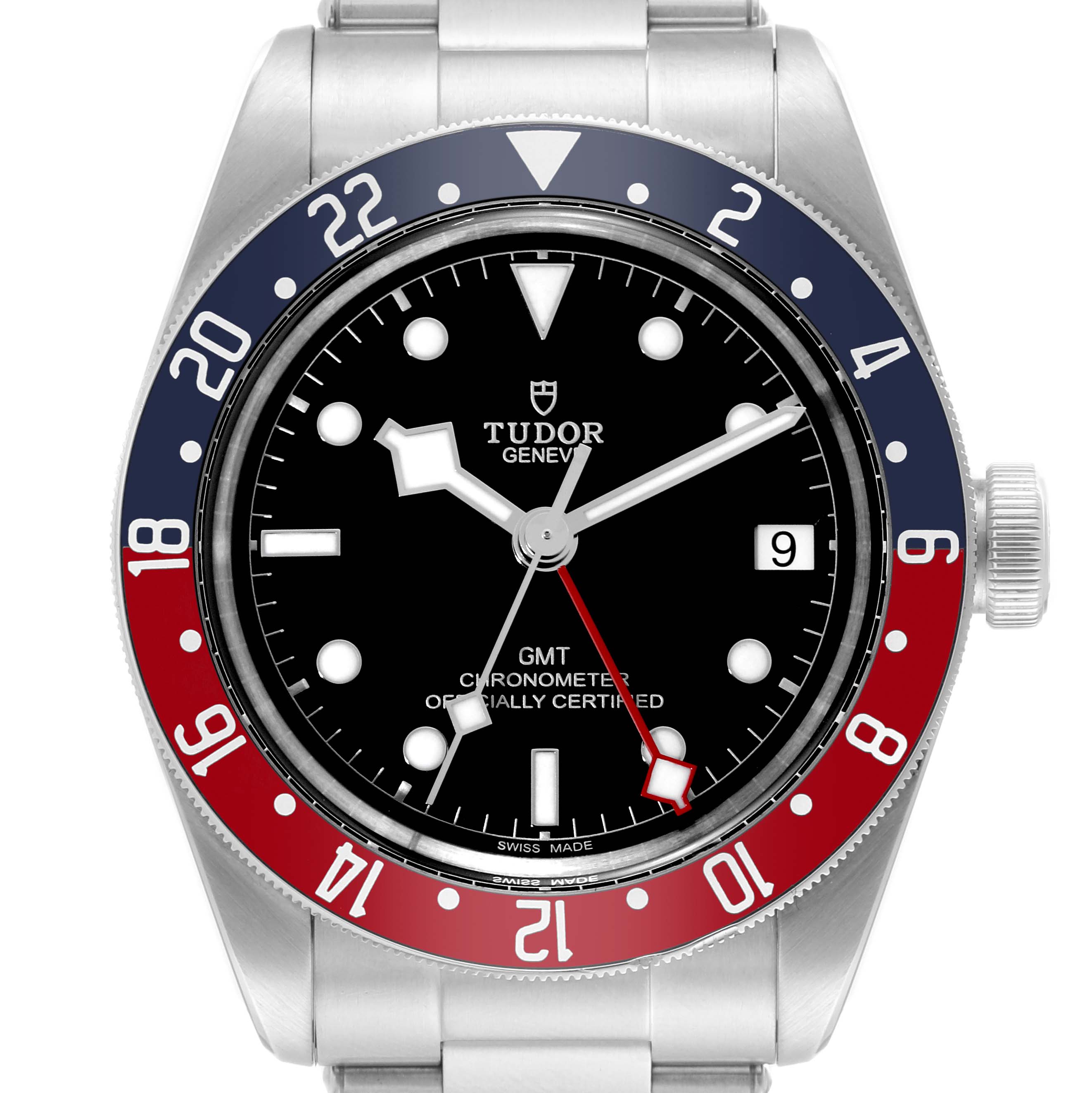 The Tudor Heritage Black Bay 79830RB Men
s Stainless Steel Black Dial 79830RB Men
s Stainless Steel Black Dial watch is shown from a front angle, displaying its bezel, dial, hands, markers, and date window.