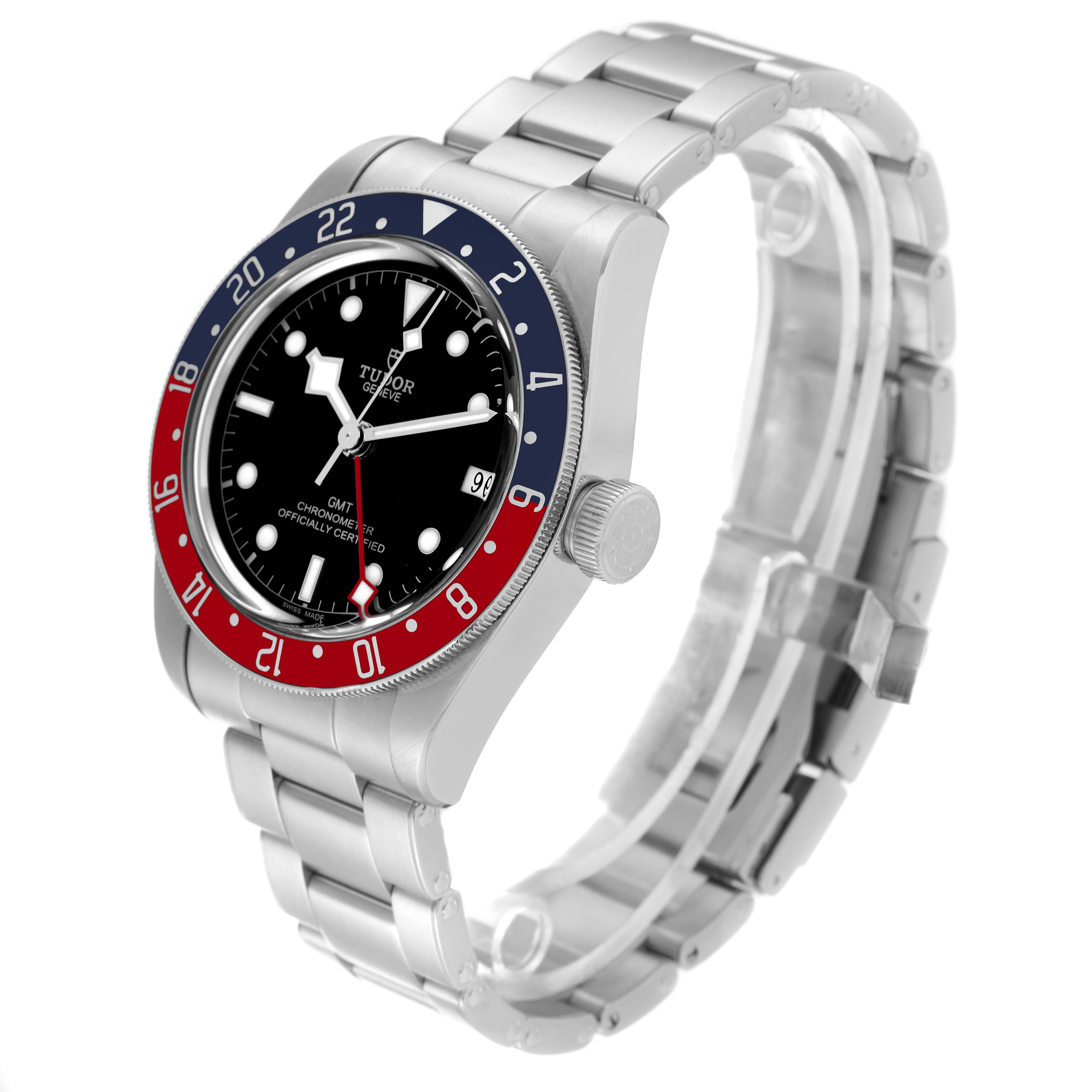 The Tudor Heritage Black Bay 79830RB Men
s Stainless Steel Black Dial 79830RB Men
s Stainless Steel Black Dial watch is shown at an angle displaying the face, bezel, crown, and metal bracelet.