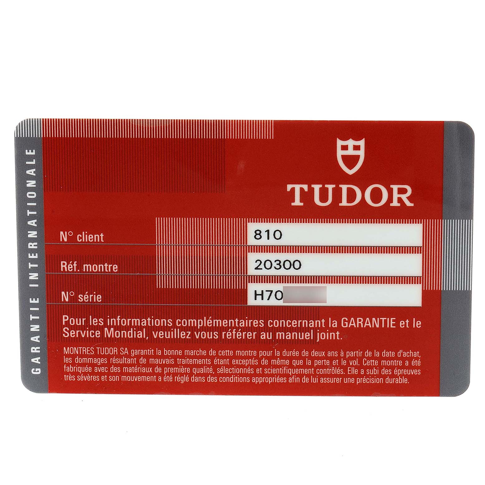 This is a warranty card for the Tudor Sport Chronograph 20300 Men's Stainless Steel Silver Dial 20300 Men's Stainless Steel Silver Dial model, viewed from the front.