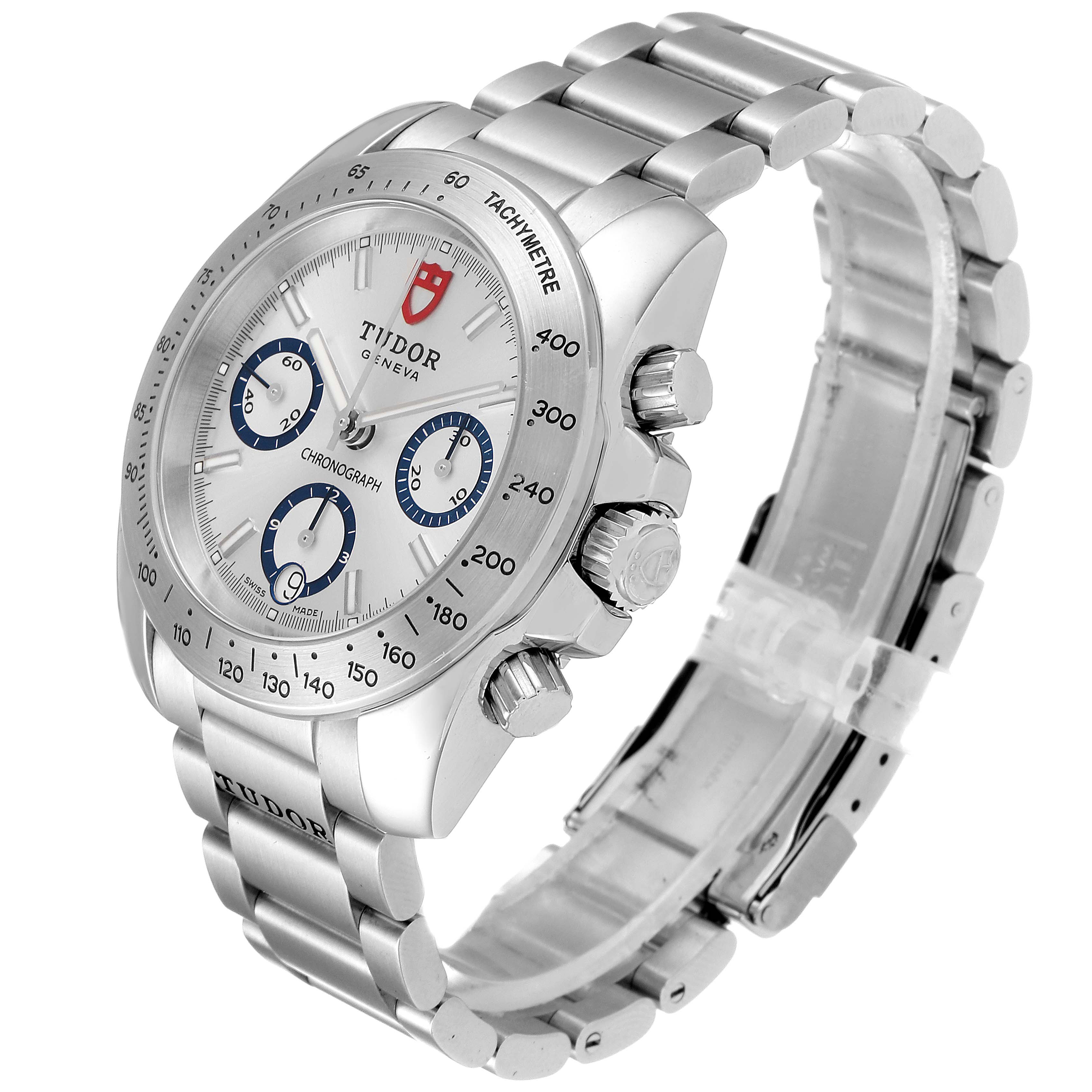 This image shows a Tudor Sport Chronograph 20300 Men's Stainless Steel Silver Dial 20300 Men's Stainless Steel Silver Dial watch at an angle highlighting its face, bezel, crown, pushers, and bracelet.