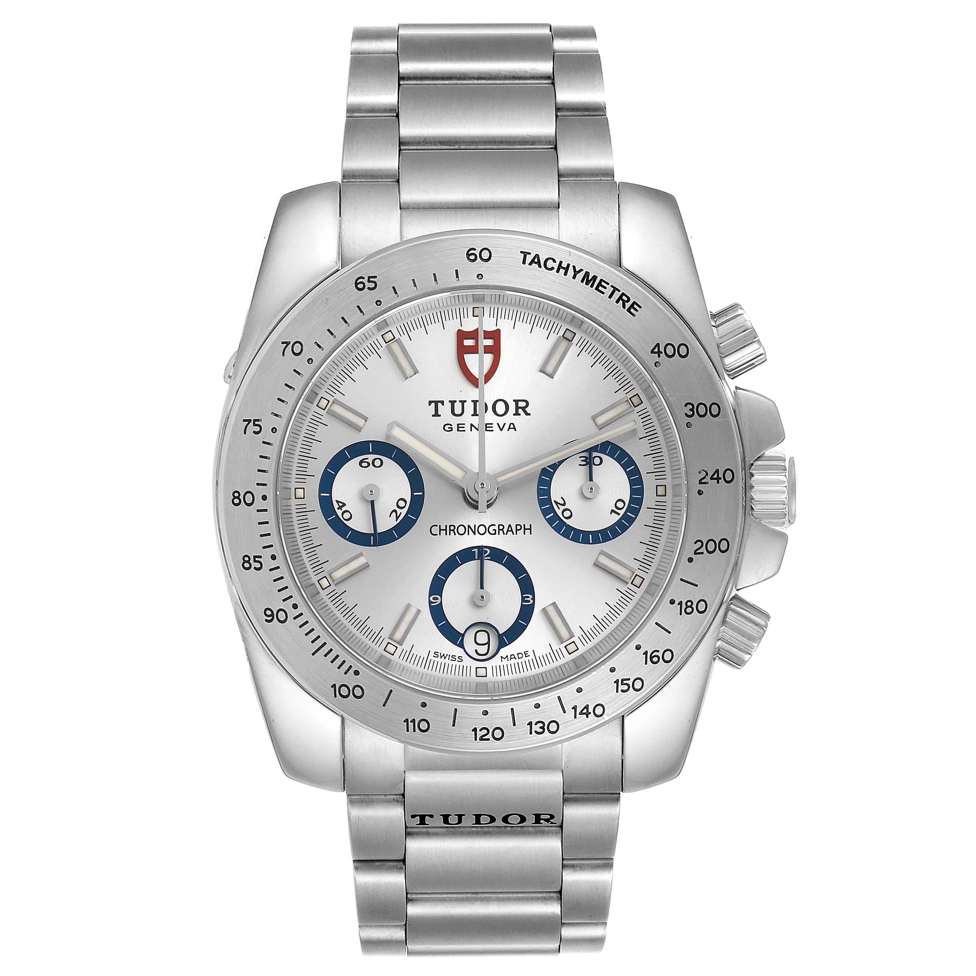 The image shows a front view of the Tudor Sport Chronograph 20300 Men's Stainless Steel Silver Dial 20300 Men's Stainless Steel Silver Dial watch, displaying the face, bezel, and metal bracelet.