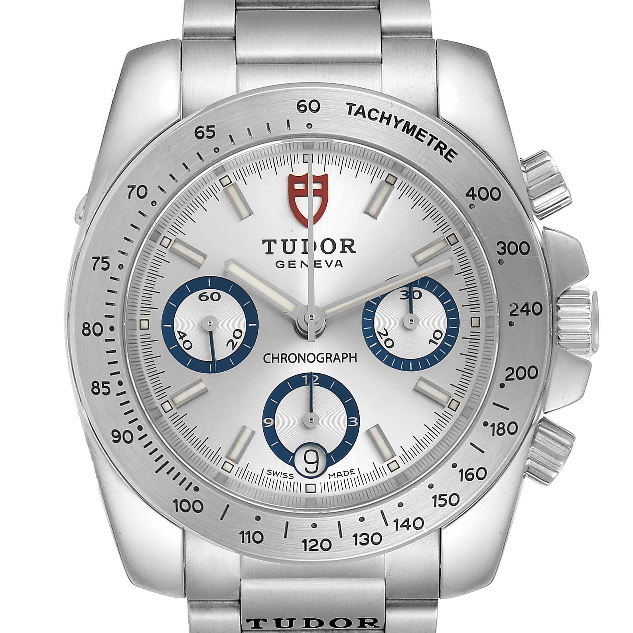 The image shows a front view of the Tudor Sport Chronograph 20300 Men's Stainless Steel Silver Dial 20300 Men's Stainless Steel Silver Dial watch, highlighting its face, dials, and tachymeter bezel.