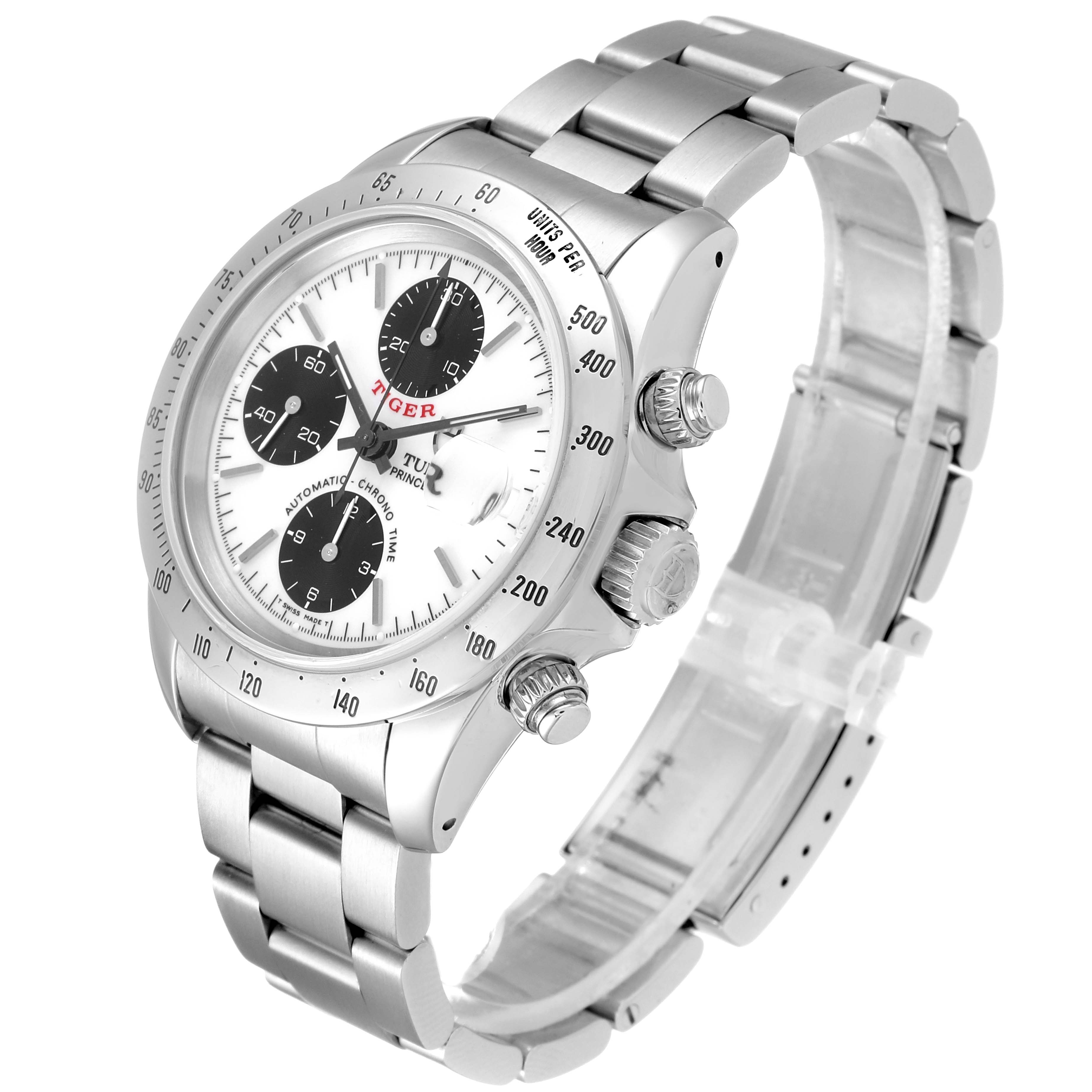 The image shows a Tudor Prince model watch at a three-quarter angle highlighting its dial, bezel, crown, pushers, and bracelet.