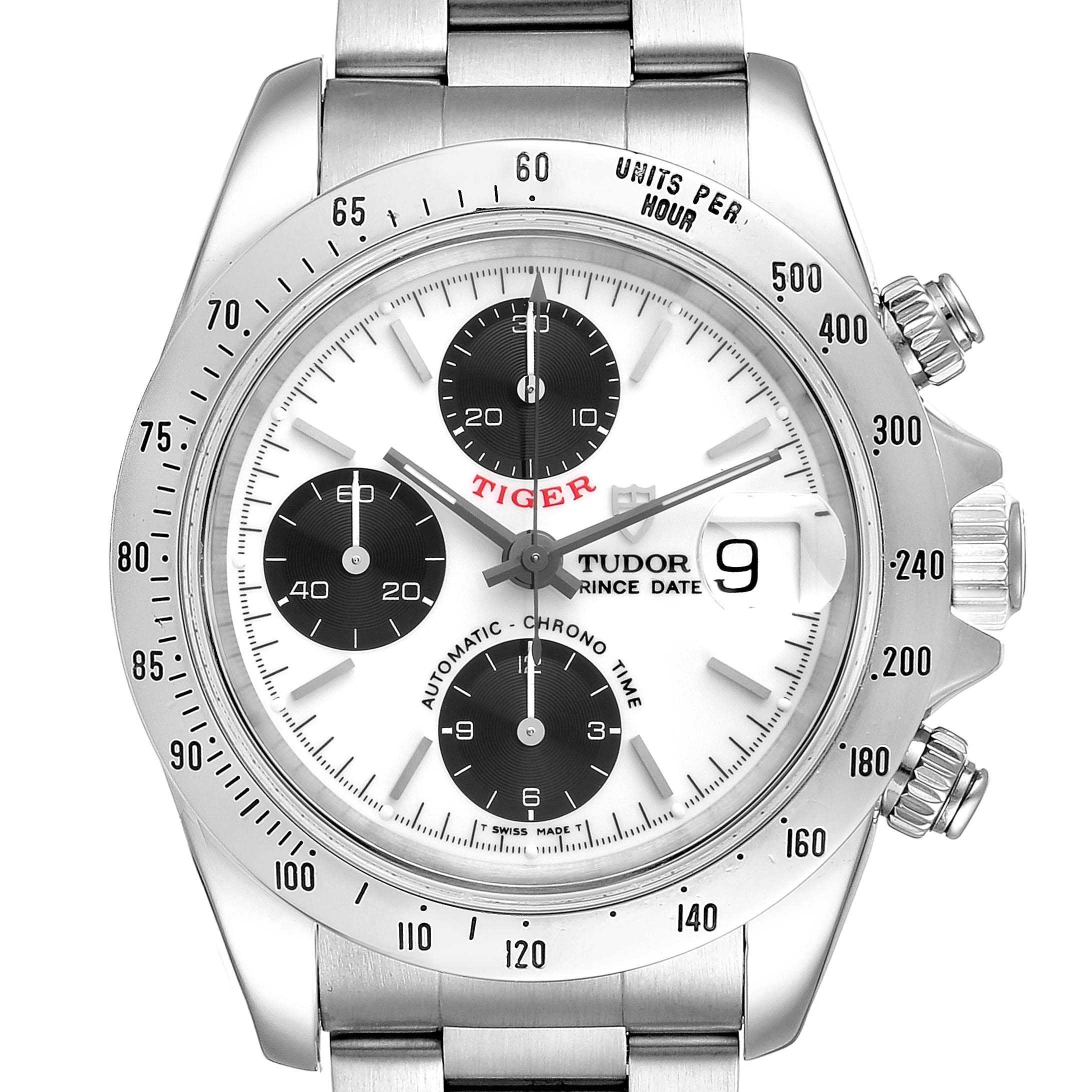 The image shows a front view of the Tudor Tiger 79280P Men's Stainless Steel White Dial 79280P Men's Stainless Steel White Dial model watch, highlighting the dial, chronograph sub-dials, bezel, and crown.