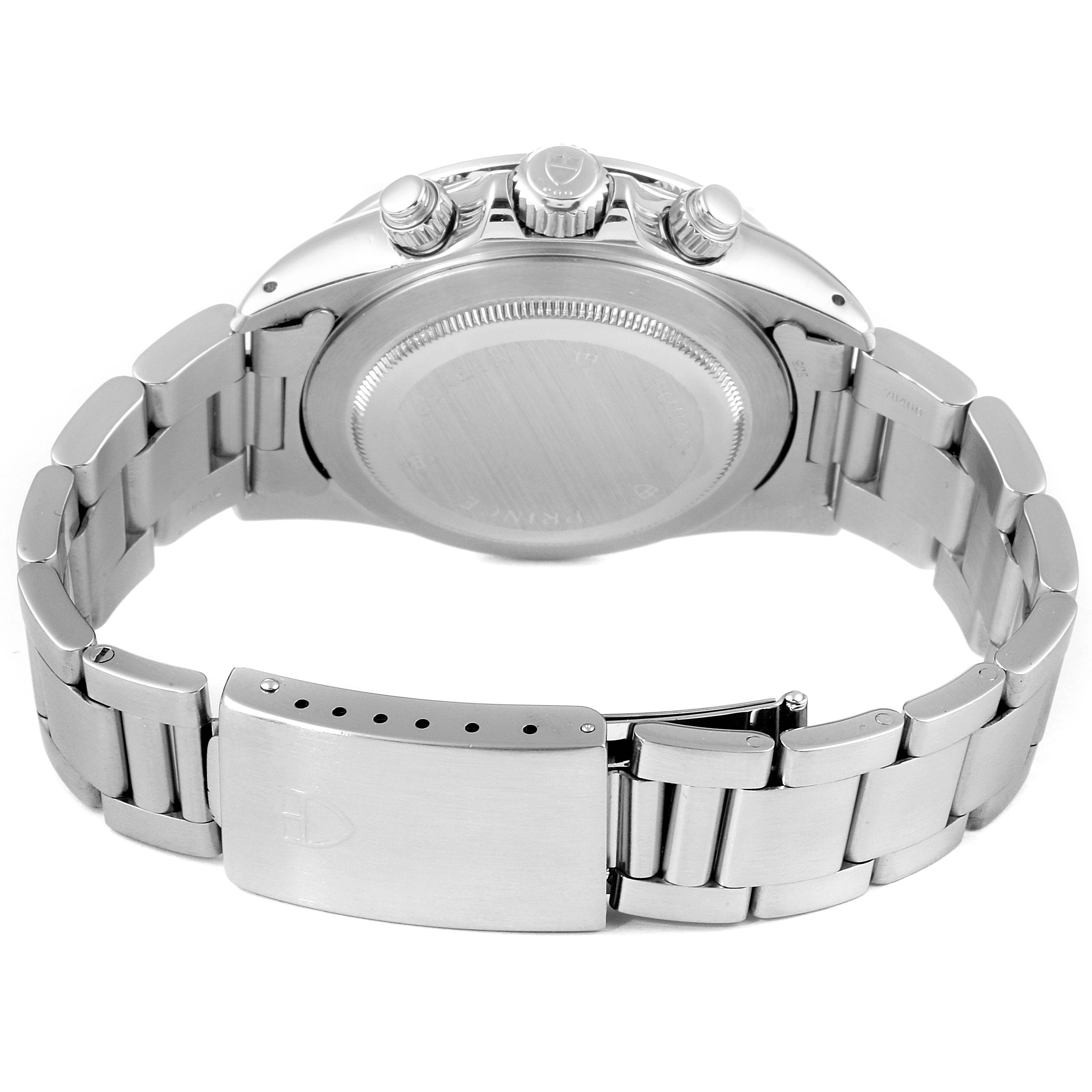 The image shows the back view of the Tudor Prince watch, highlighting the case back, crown, pushers, and bracelet with clasp.