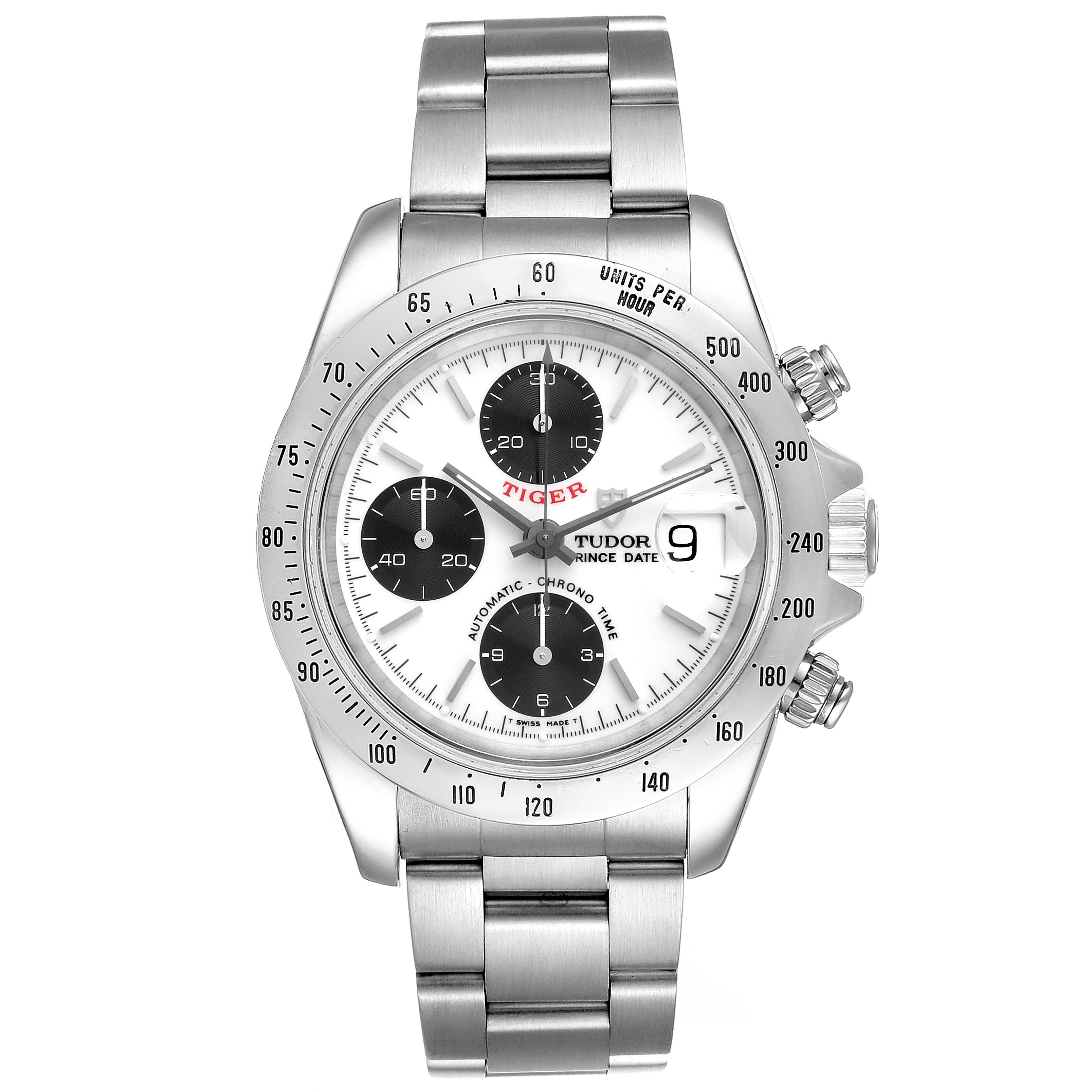This image shows a front view of the Tudor Prince chronograph watch, highlighting its dial, bezel, and metal bracelet.