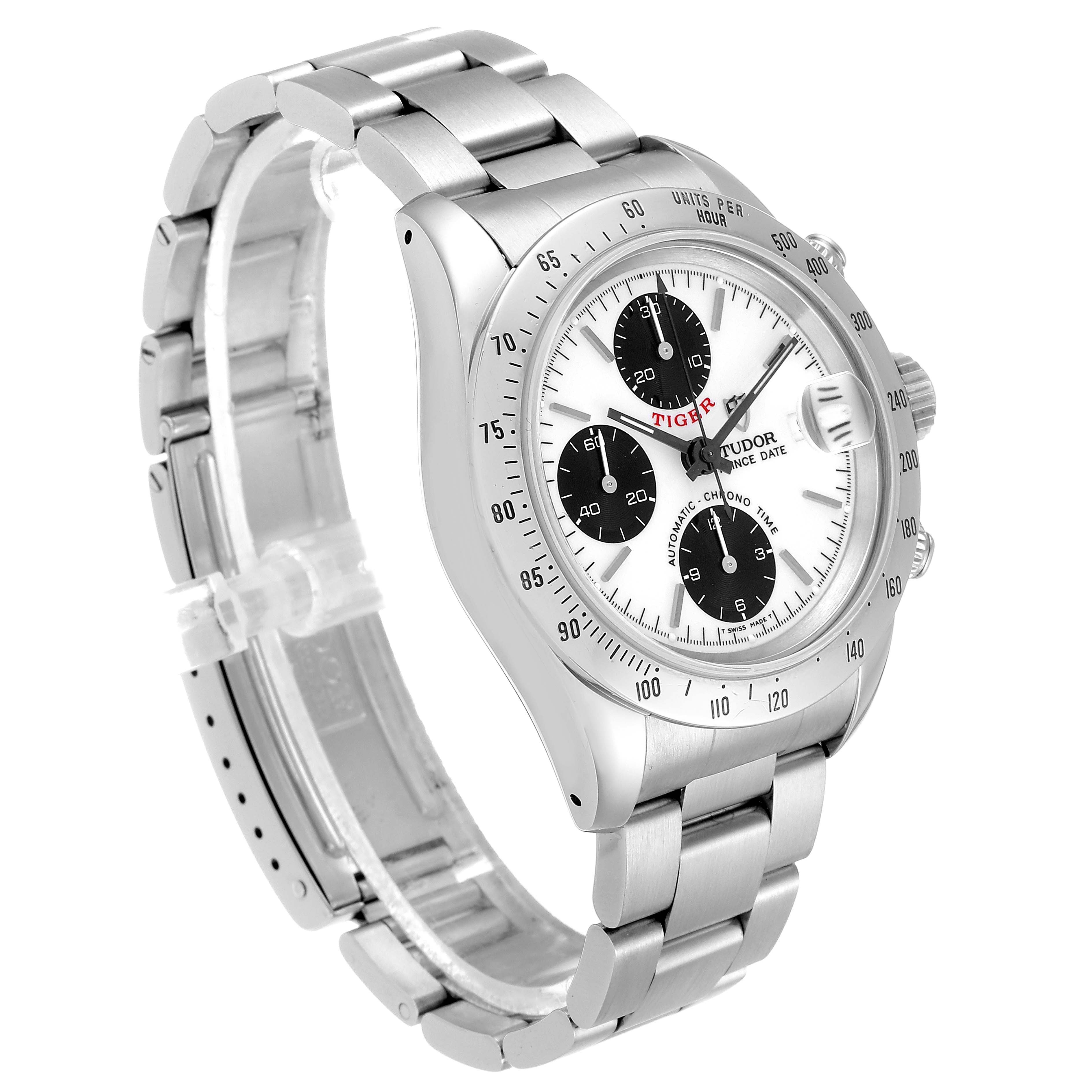 The Tudor Prince model watch is shown at a three-quarter angle, displaying its face, bezel, and metal bracelet.