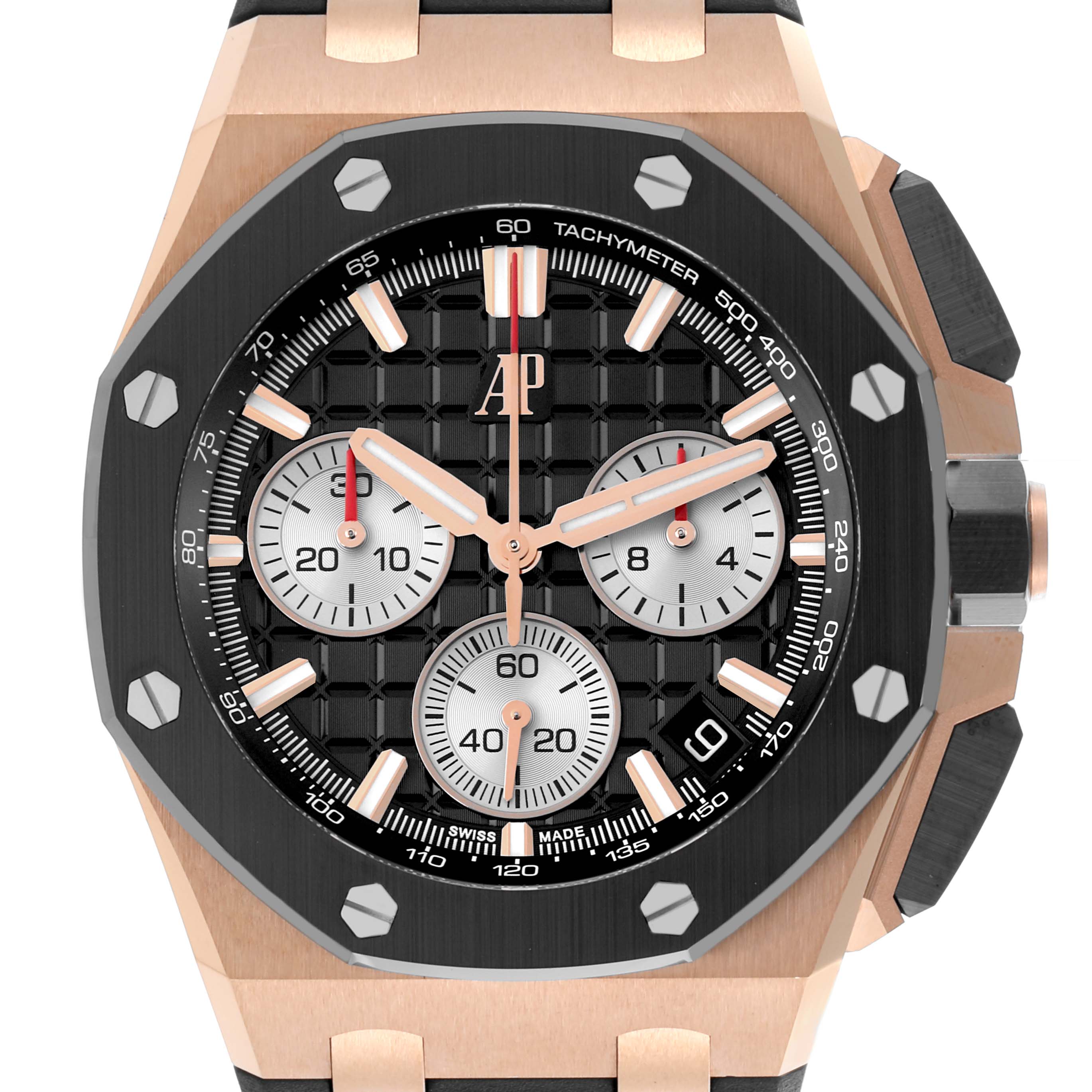 The Audemars Piguet Royal Oak Offshore 26420RO.OO.A002CA.01 Men's Rose Gold Black Dial 26420RO.OO.A002CA.01 Men's Rose Gold Black Dial is shown from the front, highlighting its dial, hands, subdials, and octagonal bezel.