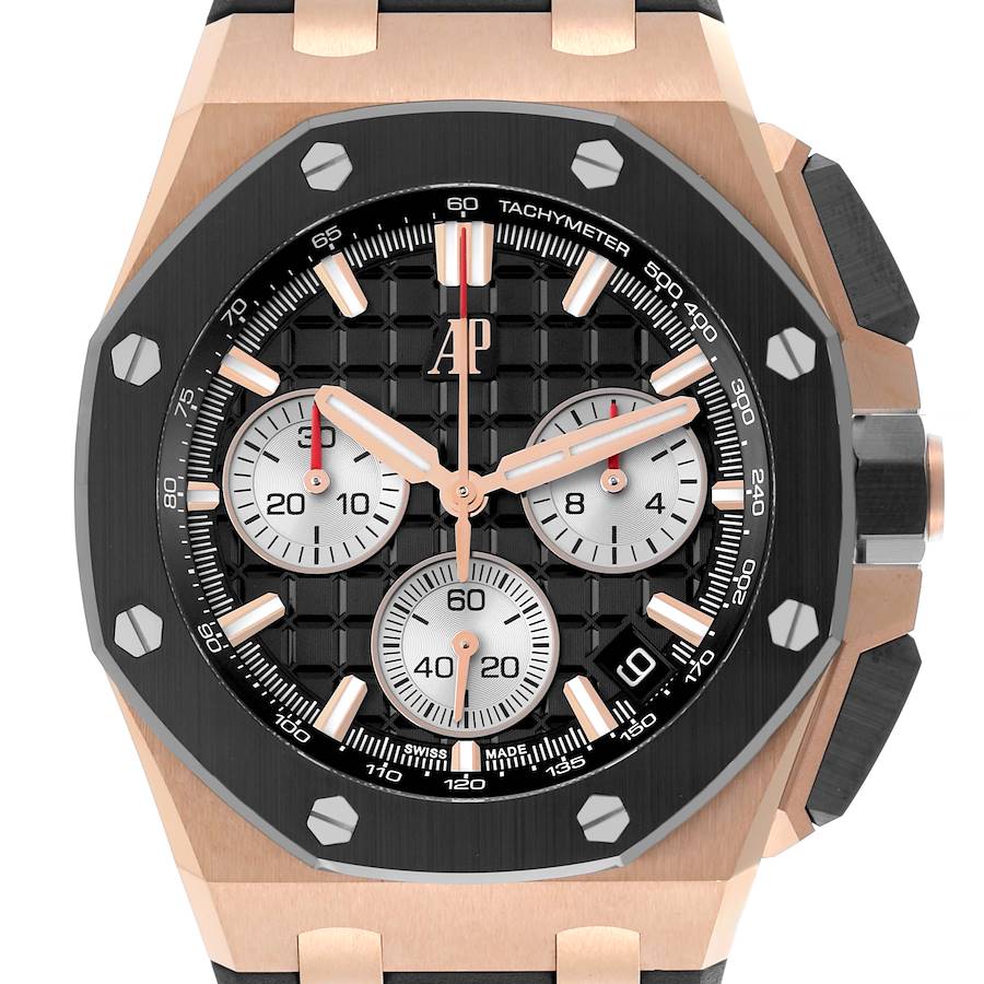 The Audemars Piguet Royal Oak Offshore is shown from the front, highlighting its dial, hands, subdials, and octagonal bezel.