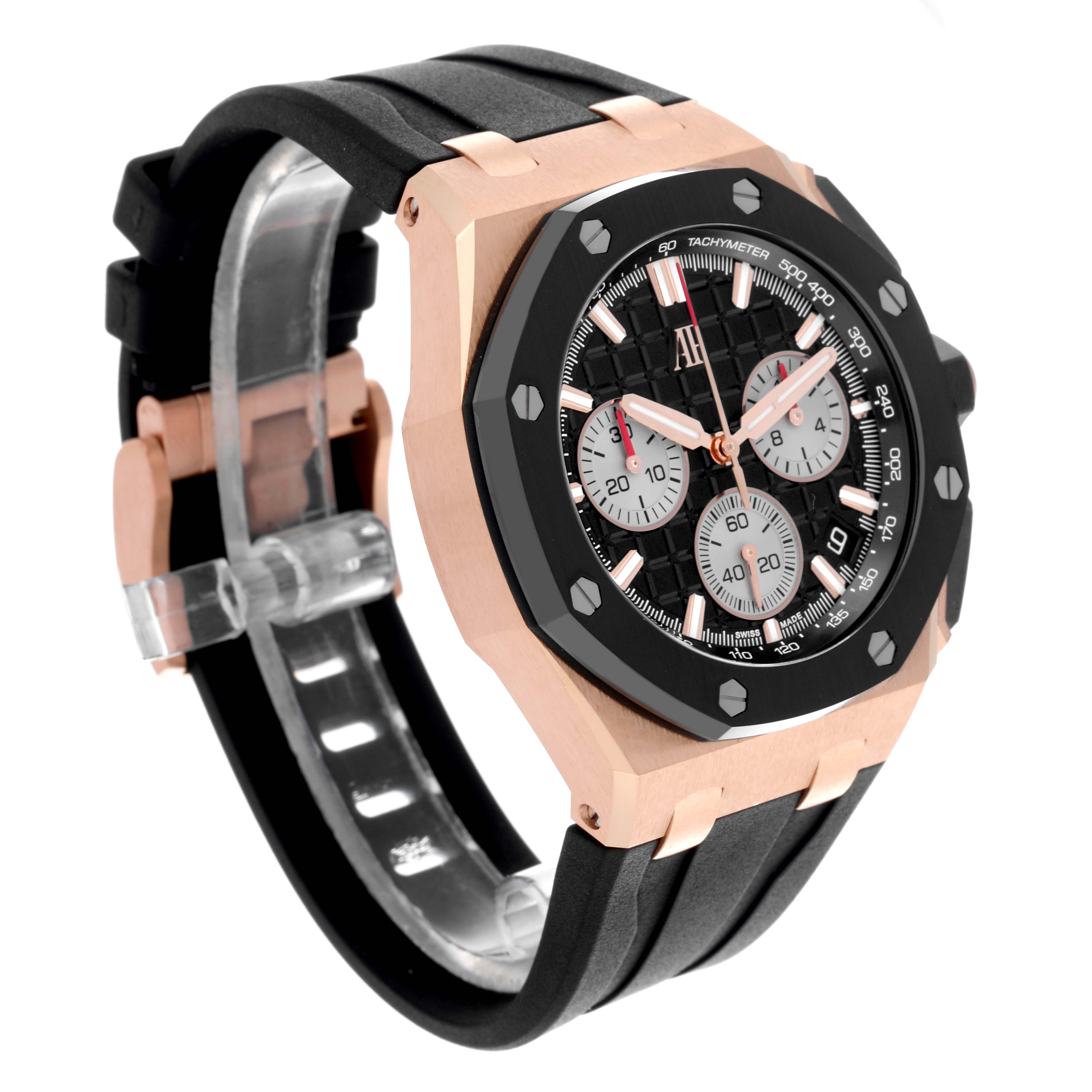 The Audemars Piguet Royal Oak Offshore 26420RO.OO.A002CA.01 Men's Rose Gold Black Dial 26420RO.OO.A002CA.01 Men's Rose Gold Black Dial watch is shown at a three-quarter angle, highlighting the case, bezel, dial, and strap.