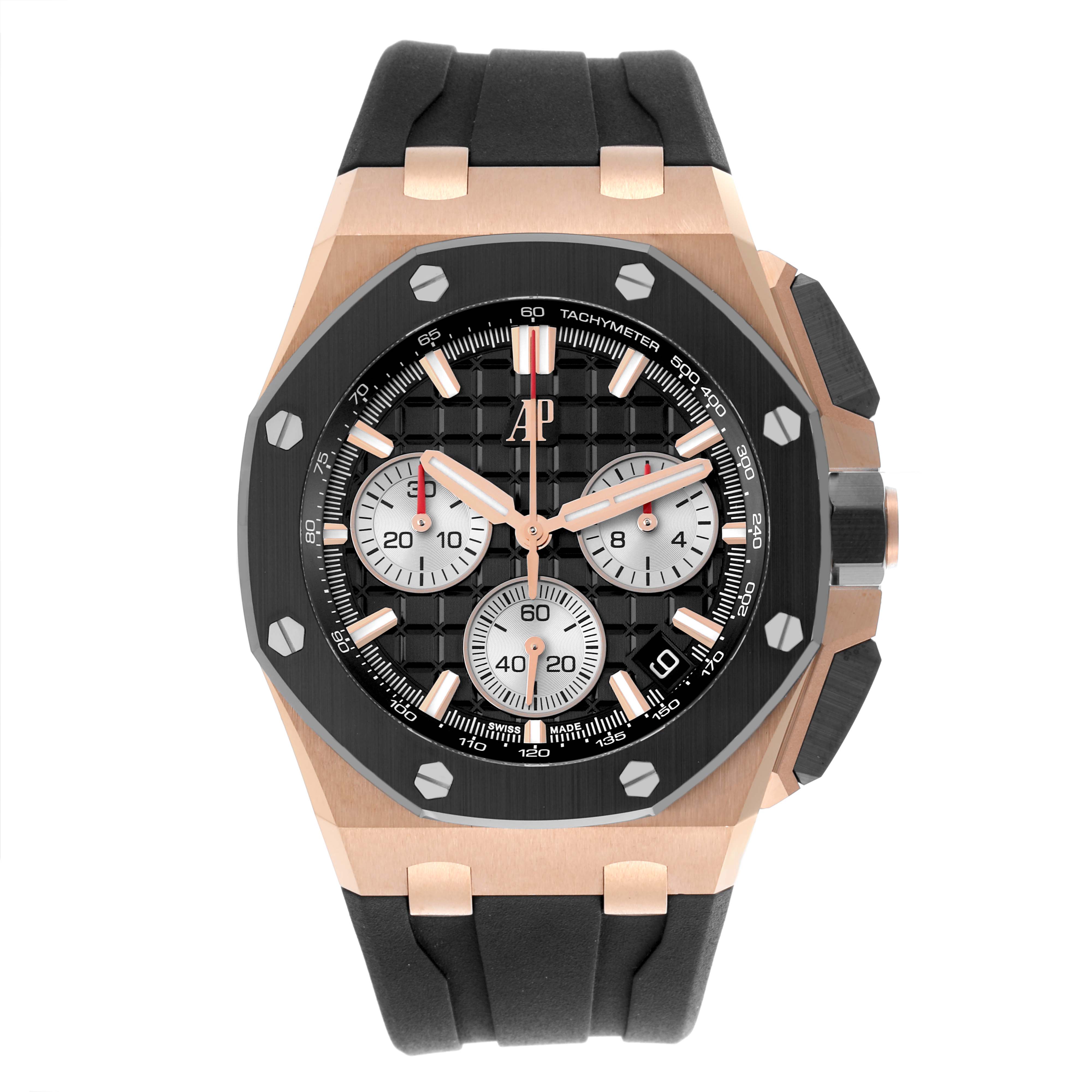 The image shows a front view of the Audemars Piguet Royal Oak Offshore 26420RO.OO.A002CA.01 Men's Rose Gold Black Dial 26420RO.OO.A002CA.01 Men's Rose Gold Black Dial, featuring its bezel, dial, and strap.