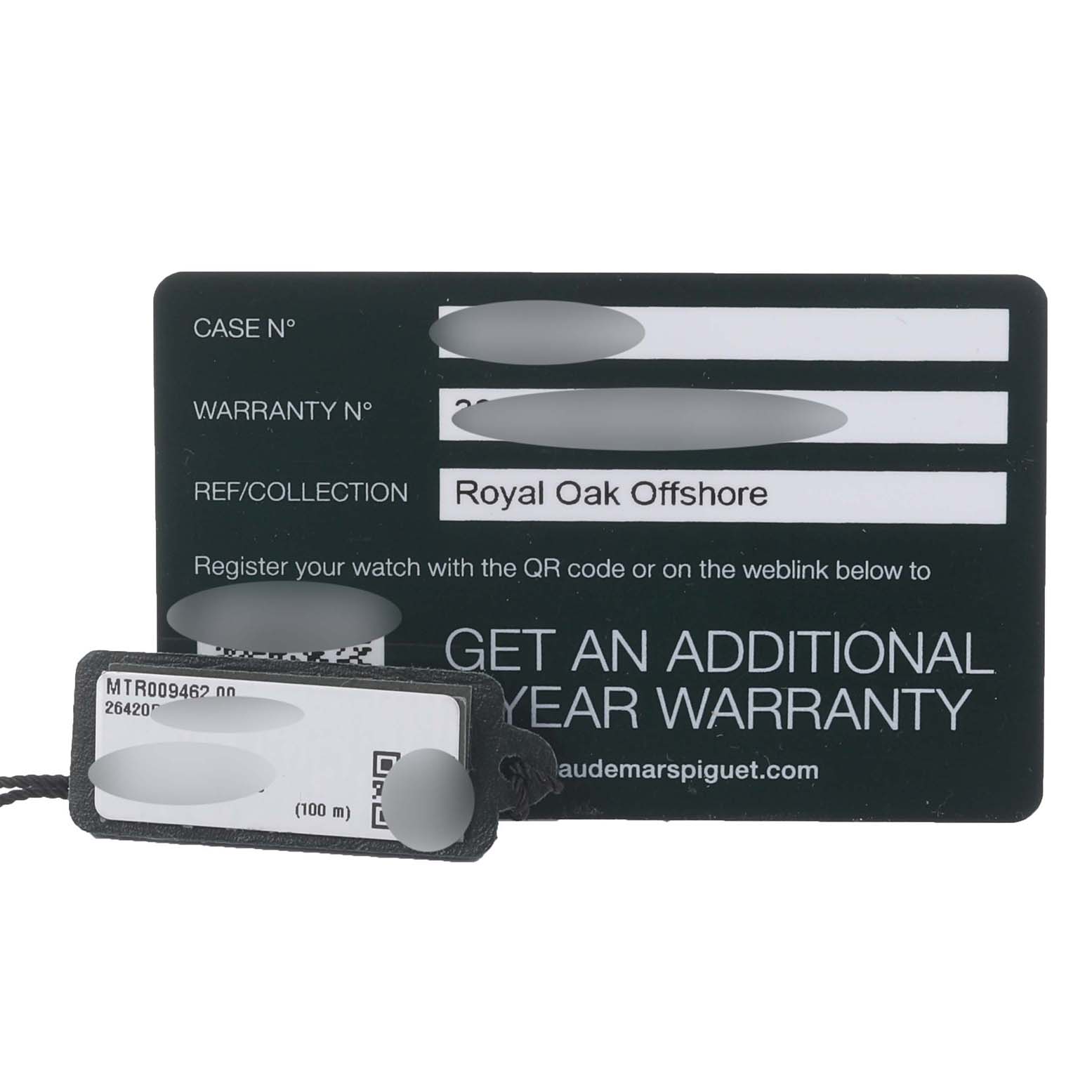 The image shows warranty and reference cards for the Audemars Piguet Royal Oak Offshore 26420RO.OO.A002CA.01 Men's Rose Gold Black Dial 26420RO.OO.A002CA.01 Men's Rose Gold Black Dial.