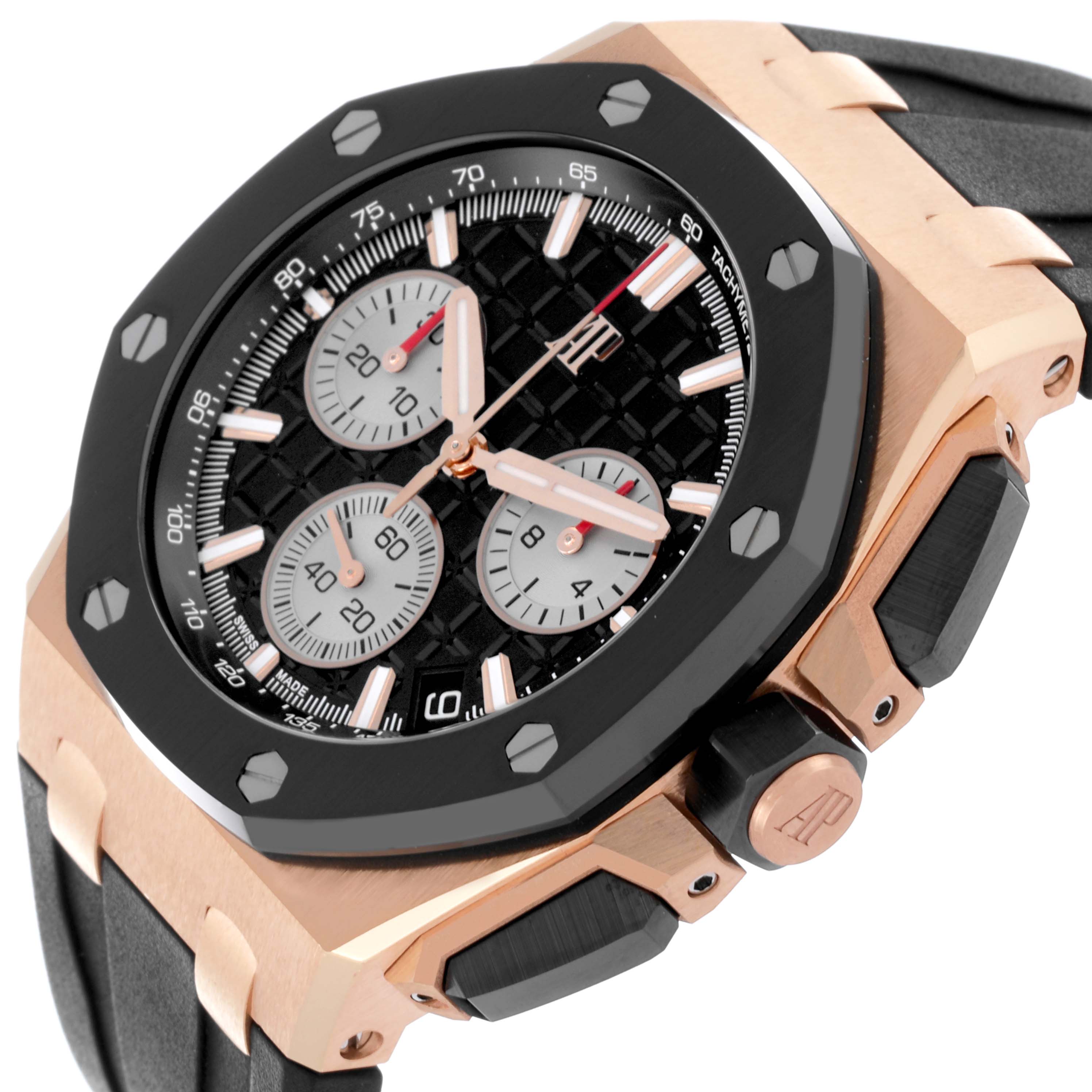 The Audemars Piguet Royal Oak Offshore 26420RO.OO.A002CA.01 Men's Rose Gold Black Dial 26420RO.OO.A002CA.01 Men's Rose Gold Black Dial is shown at a slight angle, highlighting its black bezel, subdials, and pushers.