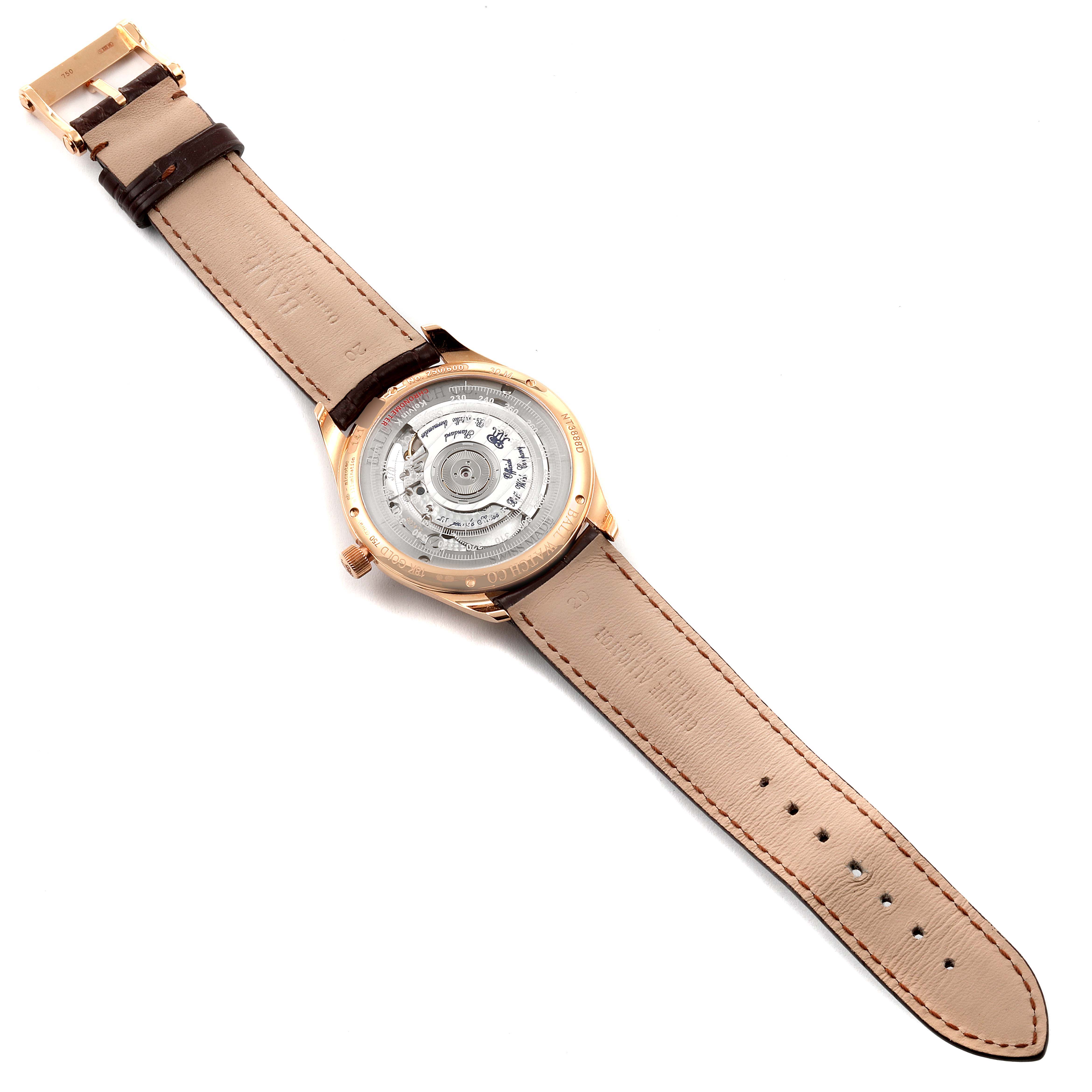 The image shows a Ball Trainmaster NT3888P Men's Rose Gold Silver Dial NT3888P Men's Rose Gold Silver Dial watch, displayed from the back to reveal the movement and leather strap.