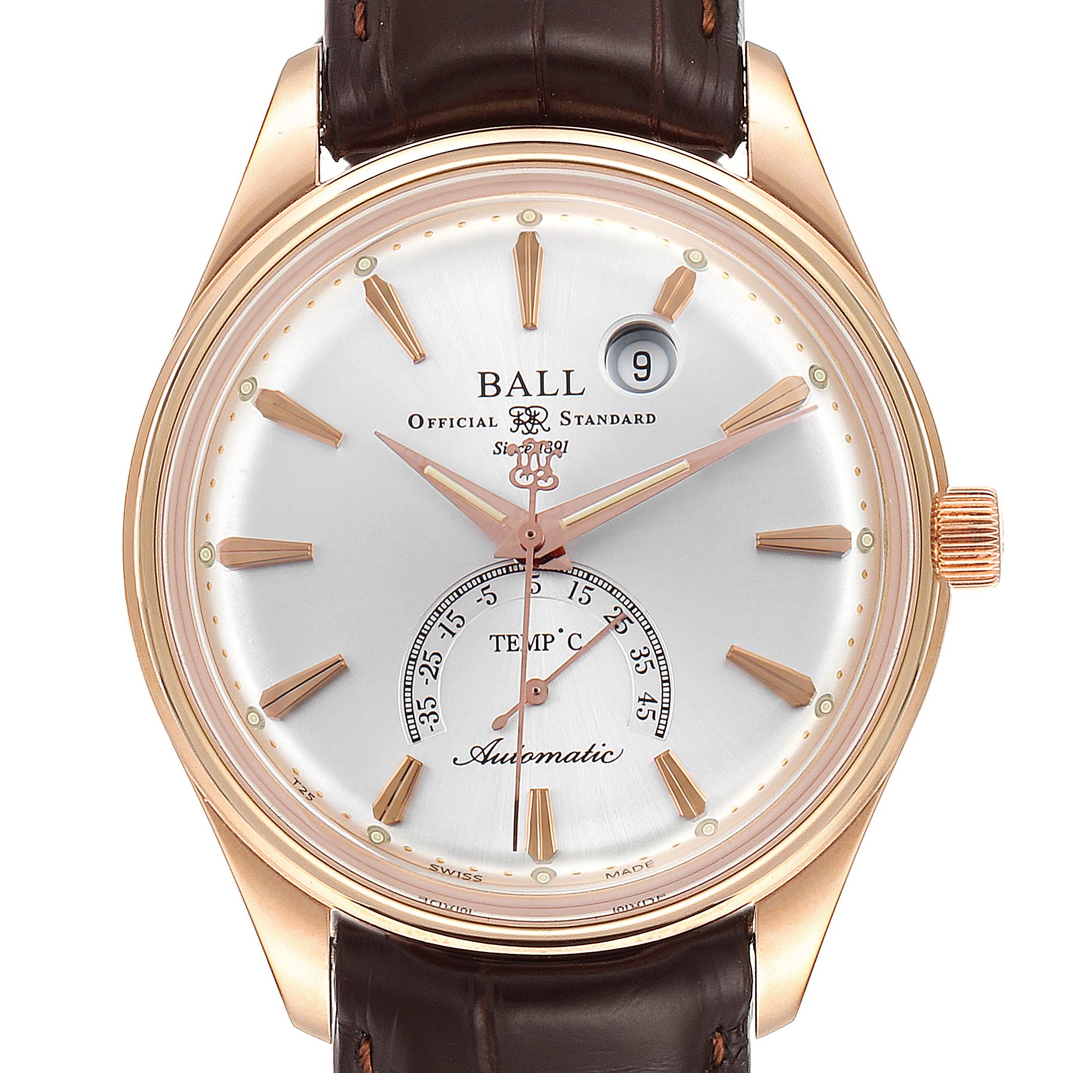 The image shows a front view of the Ball Trainmaster NT3888P Men's Rose Gold Silver Dial NT3888P Men's Rose Gold Silver Dial watch, displaying the dial, hands, date, and temperature indicator.