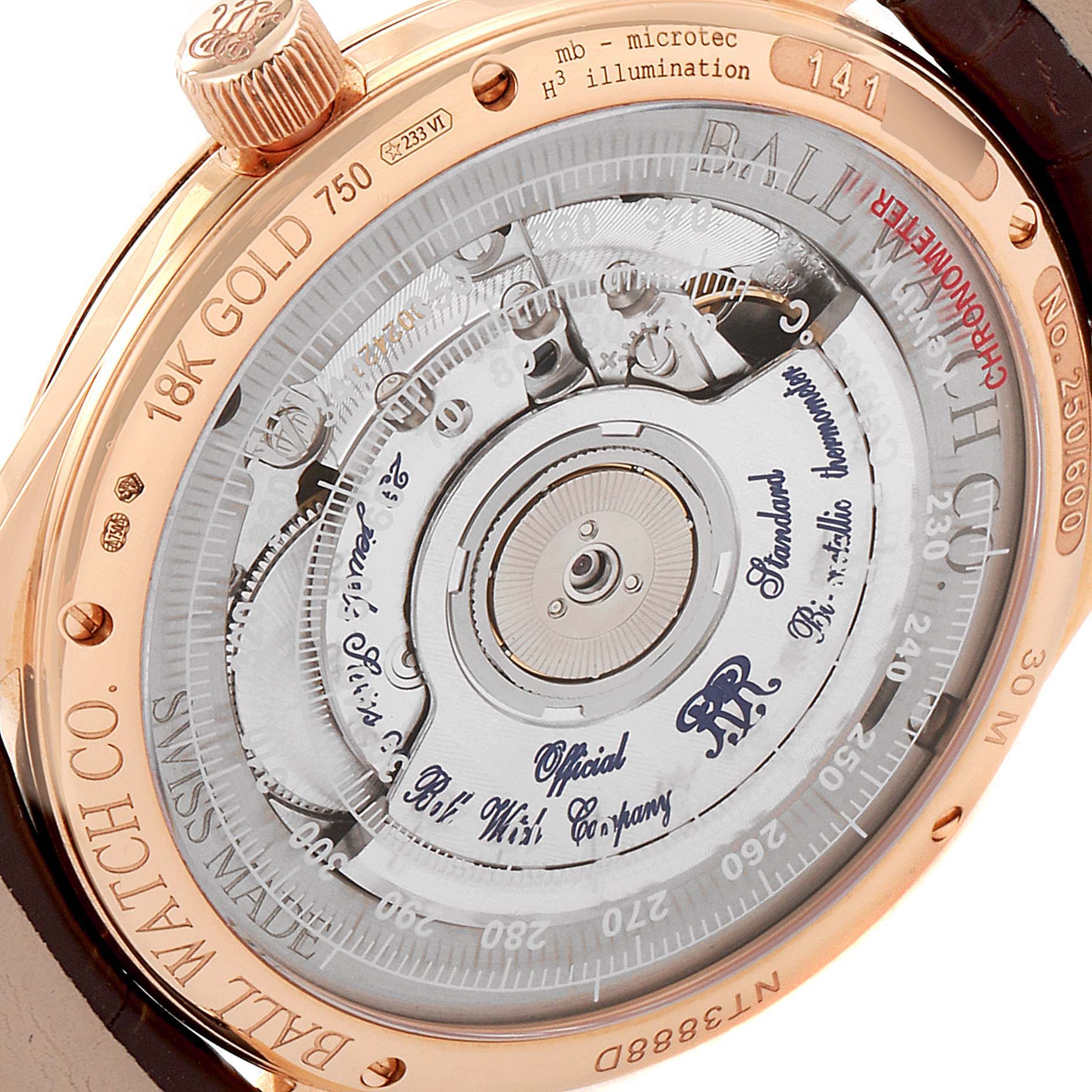 This image shows the back view of the Ball Trainmaster NT3888P Men's Rose Gold Silver Dial NT3888P Men's Rose Gold Silver Dial watch, showcasing its intricate mechanical movement and case details.