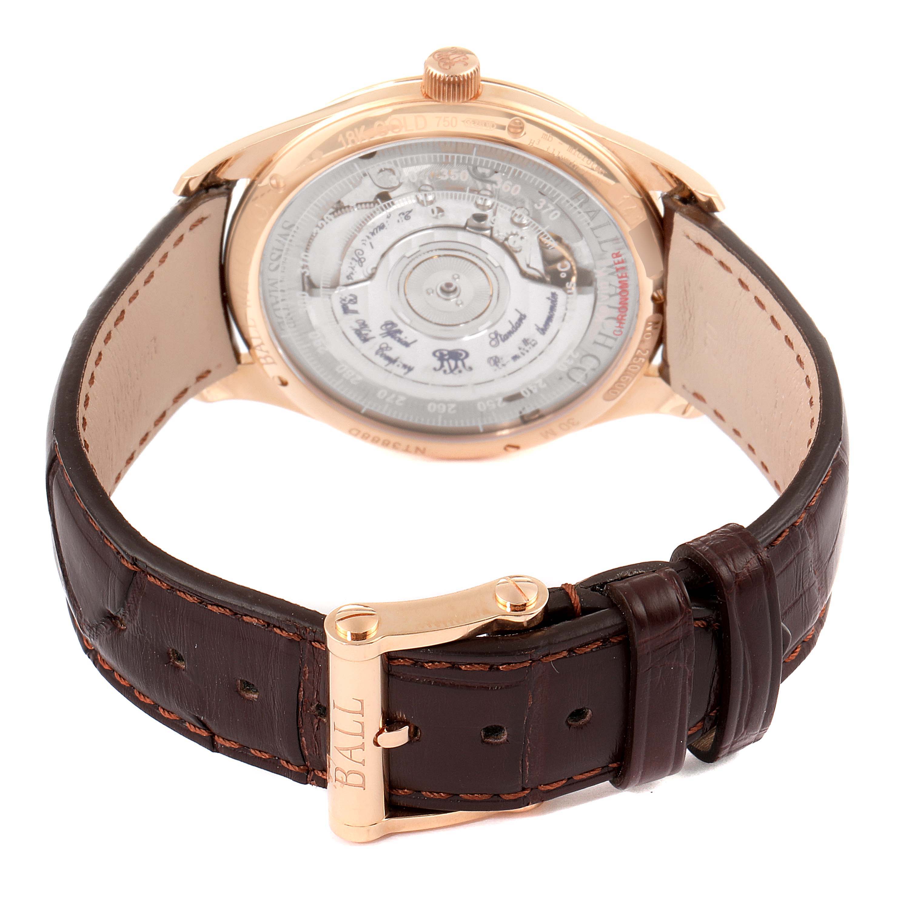 This image shows the back of the Ball Trainmaster NT3888P Men's Rose Gold Silver Dial NT3888P Men's Rose Gold Silver Dial watch, highlighting its movement and leather strap.