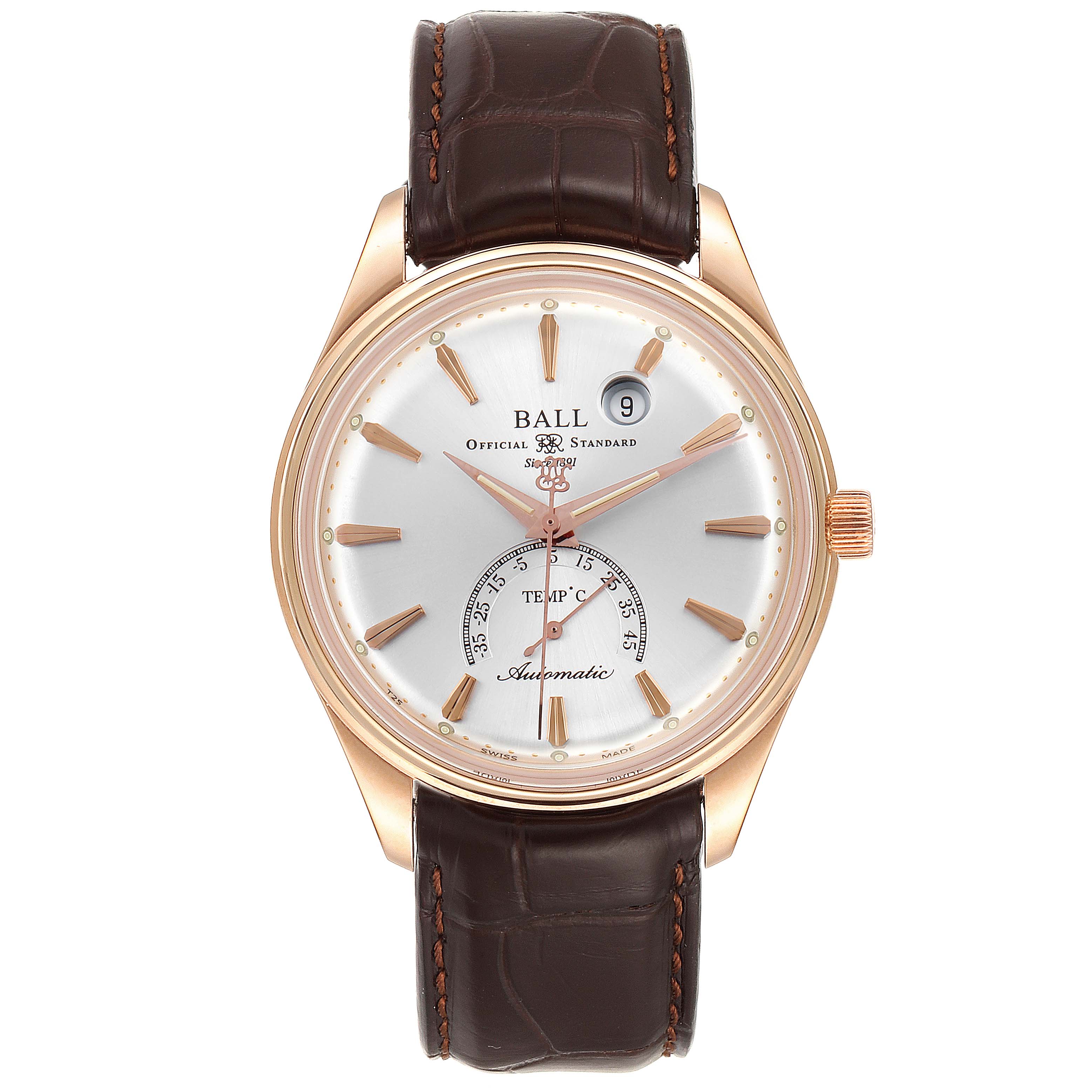 This image shows a front view of the Ball Trainmaster NT3888P Men's Rose Gold Silver Dial NT3888P Men's Rose Gold Silver Dial watch, displaying the face, hands, date window, and leather strap.