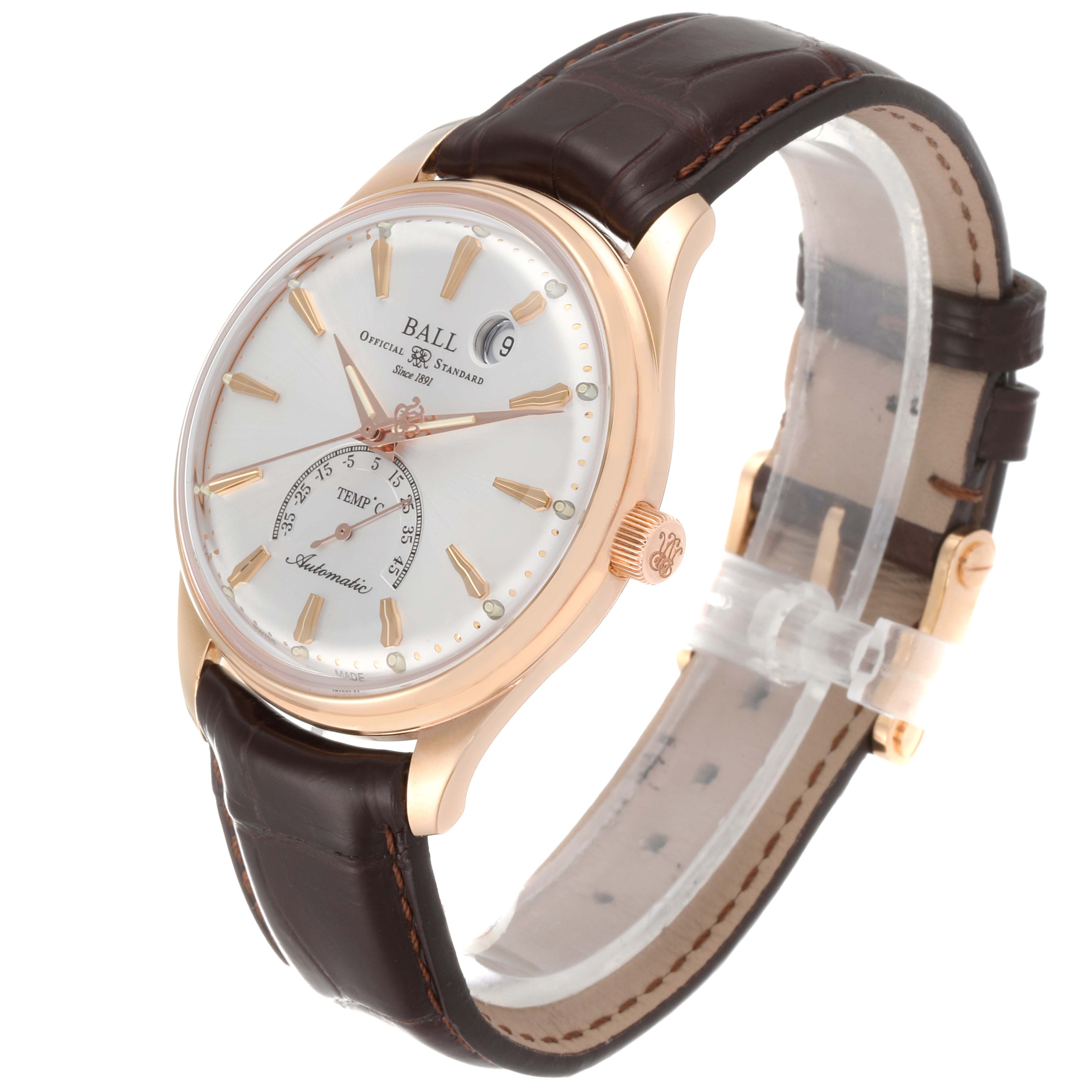 The Ball Trainmaster NT3888P Men's Rose Gold Silver Dial NT3888P Men's Rose Gold Silver Dial watch is shown at an angled side view, highlighting its face, crown, and leather strap.