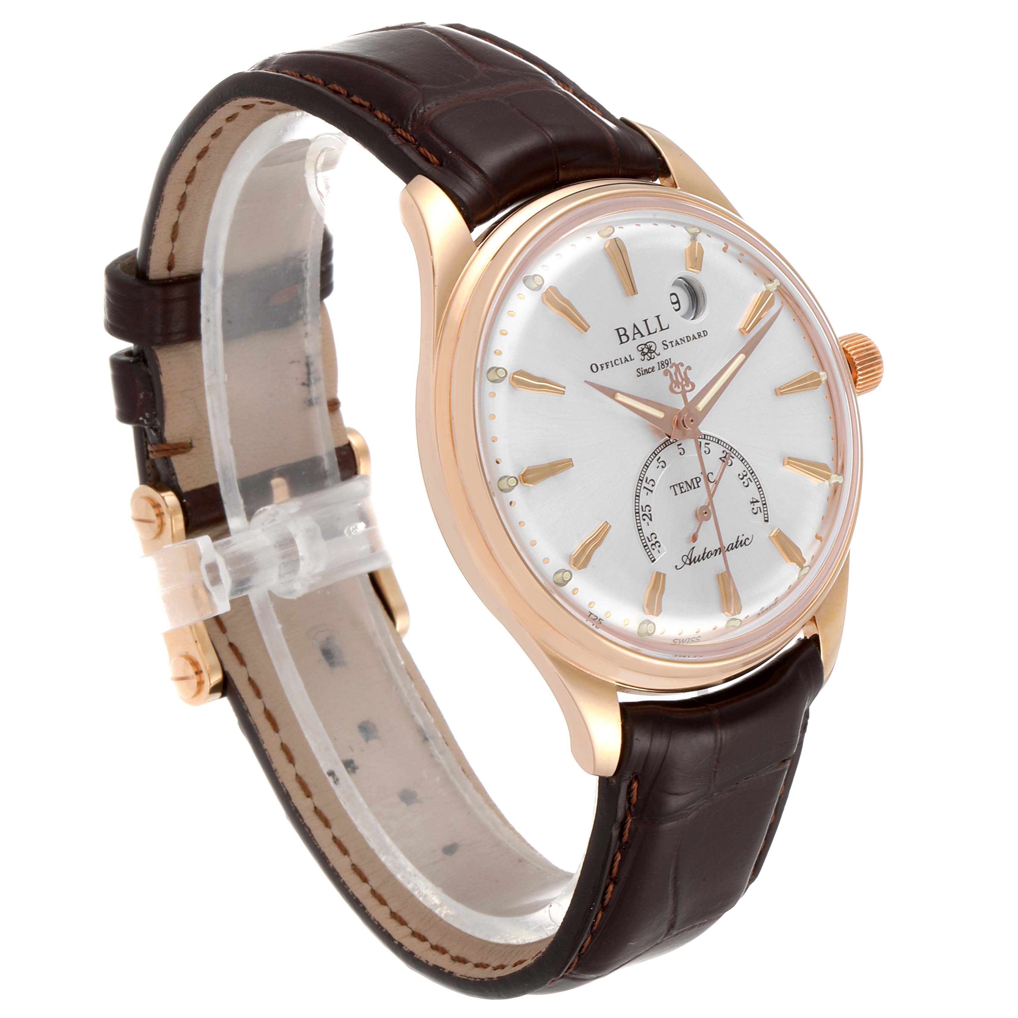 The image shows a Ball Trainmaster NT3888P Men's Rose Gold Silver Dial NT3888P Men's Rose Gold Silver Dial watch at a three-quarter angle, displaying the face, case, crown, and leather strap.