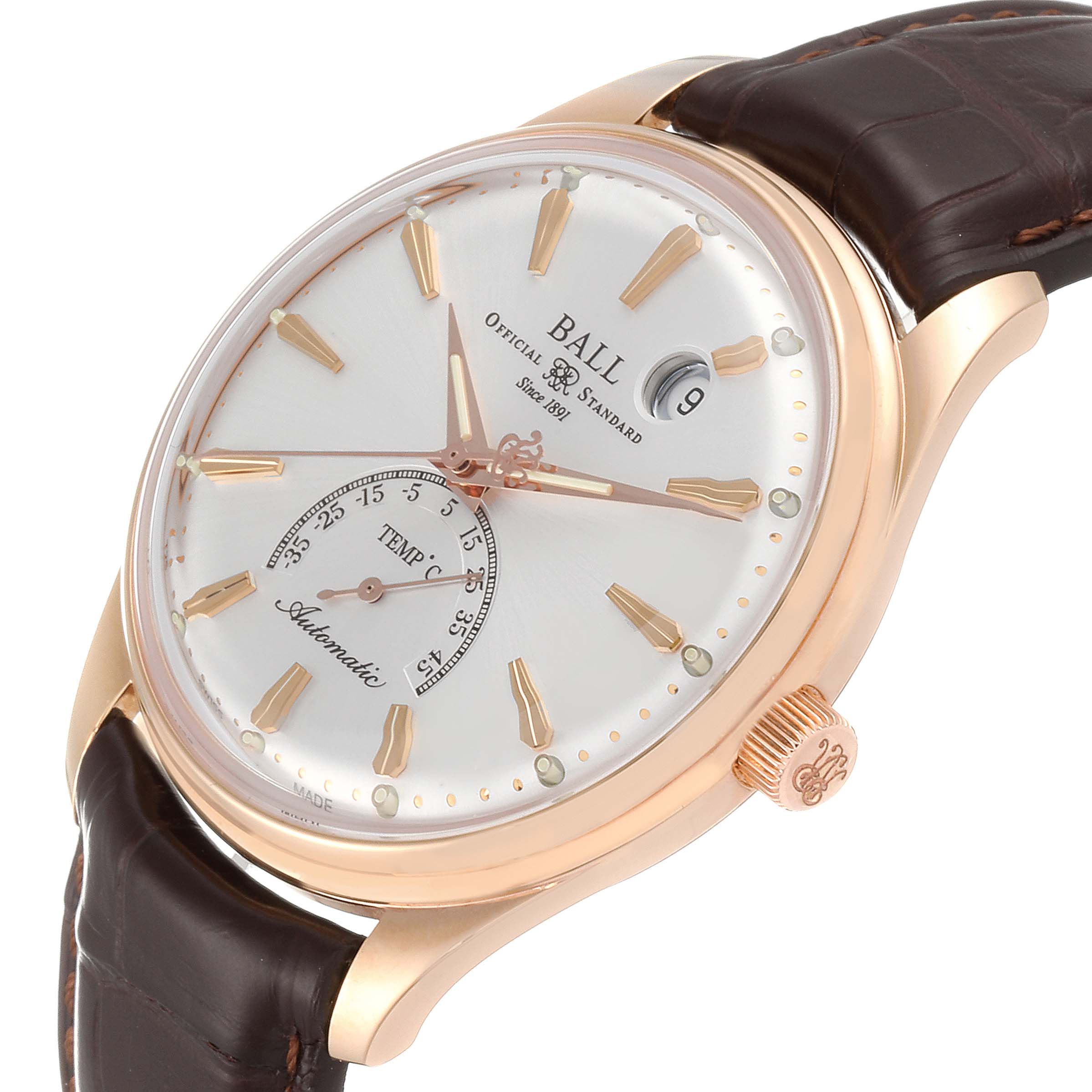 This Ball Trainmaster NT3888P Men's Rose Gold Silver Dial NT3888P Men's Rose Gold Silver Dial watch is shown at an oblique angle, displaying its face, crown, hands, and leather strap.