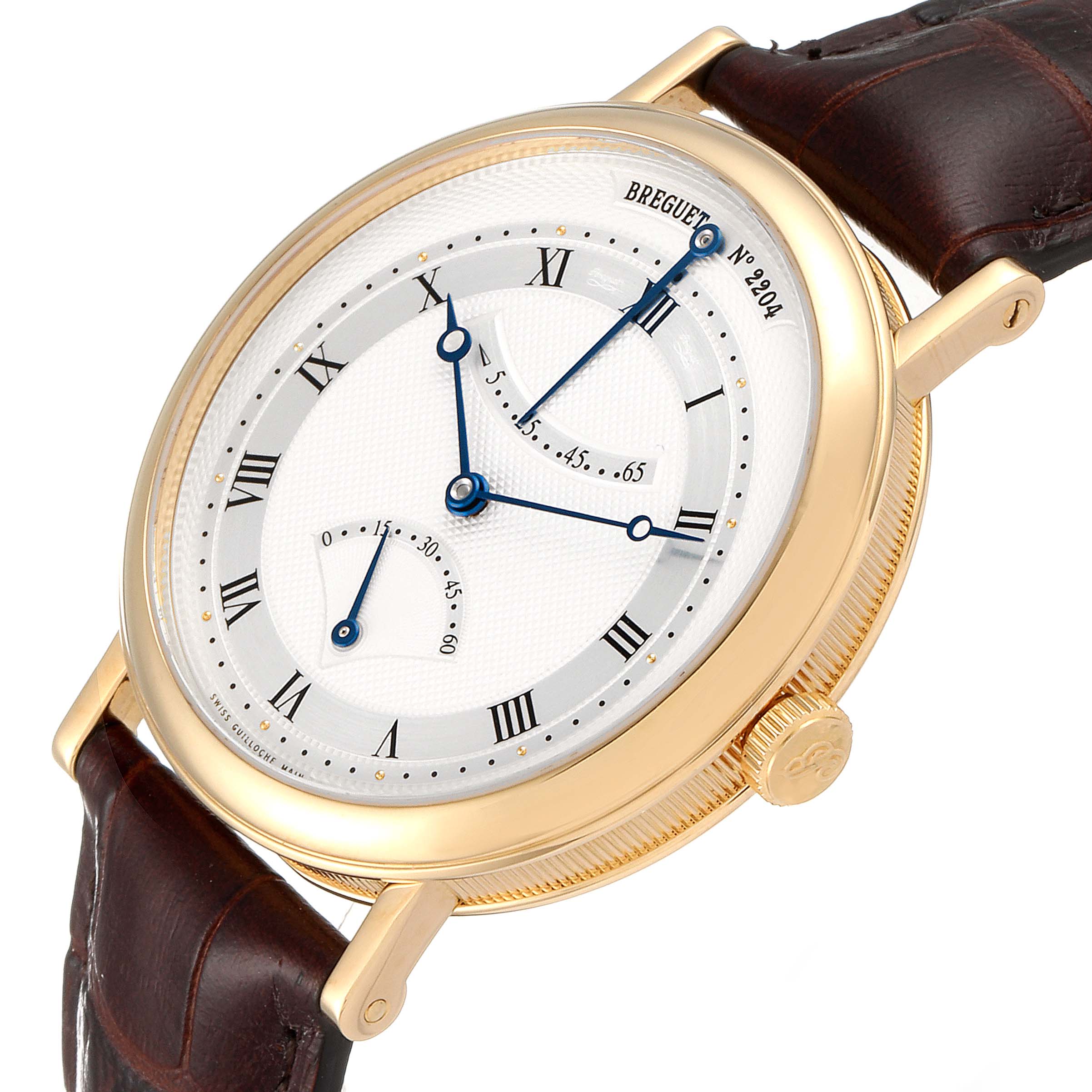 This image shows the Breguet Classique 5207BA/12/9V6 Men's Yellow Gold Silver Dial 5207BA/12/9V6 Men's Yellow Gold Silver Dial watch at an angled top-down view, highlighting the face, crown, and leather strap.
