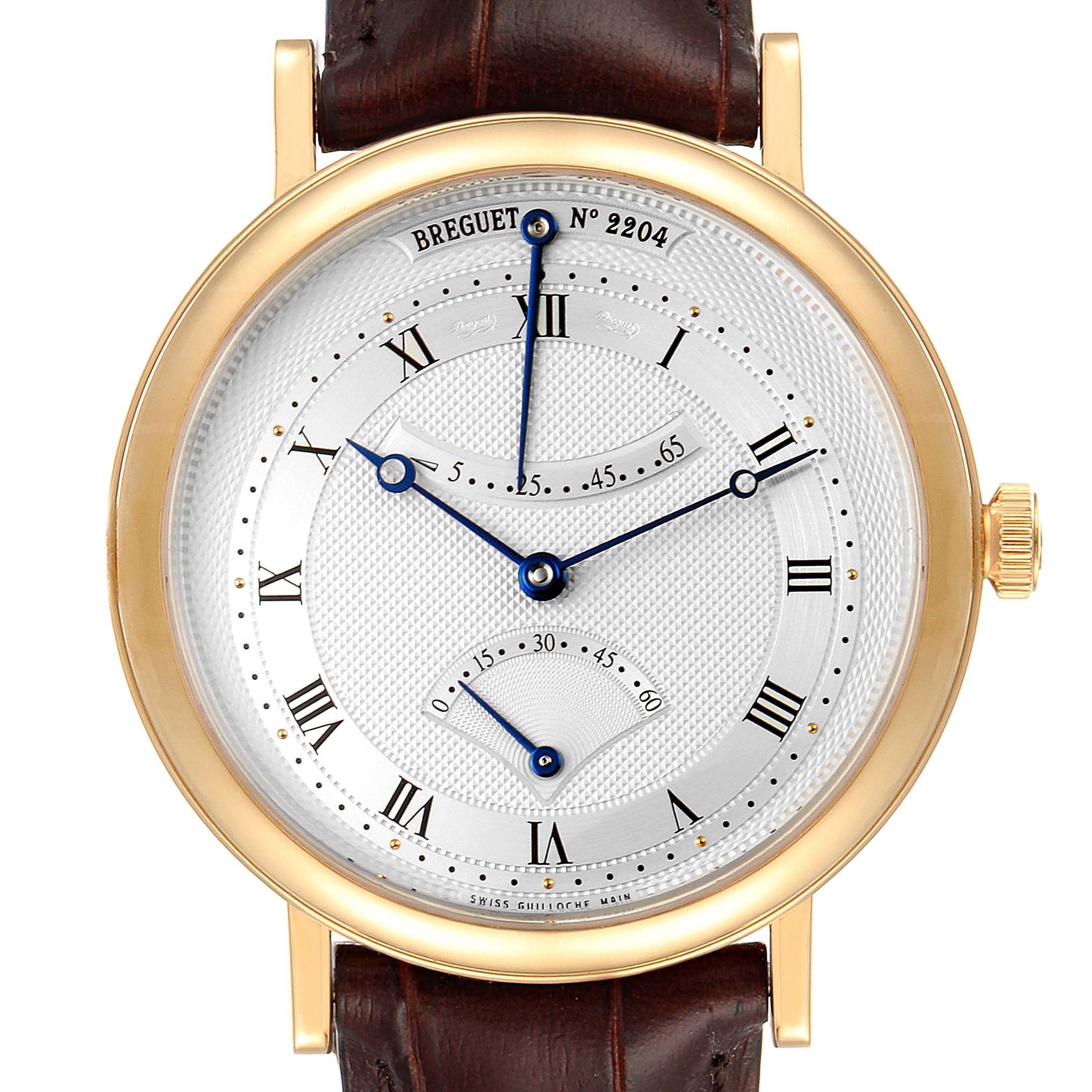 This is a front view of a Breguet Classique 5207BA/12/9V6 Men's Yellow Gold Silver Dial 5207BA/12/9V6 Men's Yellow Gold Silver Dial watch showing its dial, hands, case, and part of the leather strap.