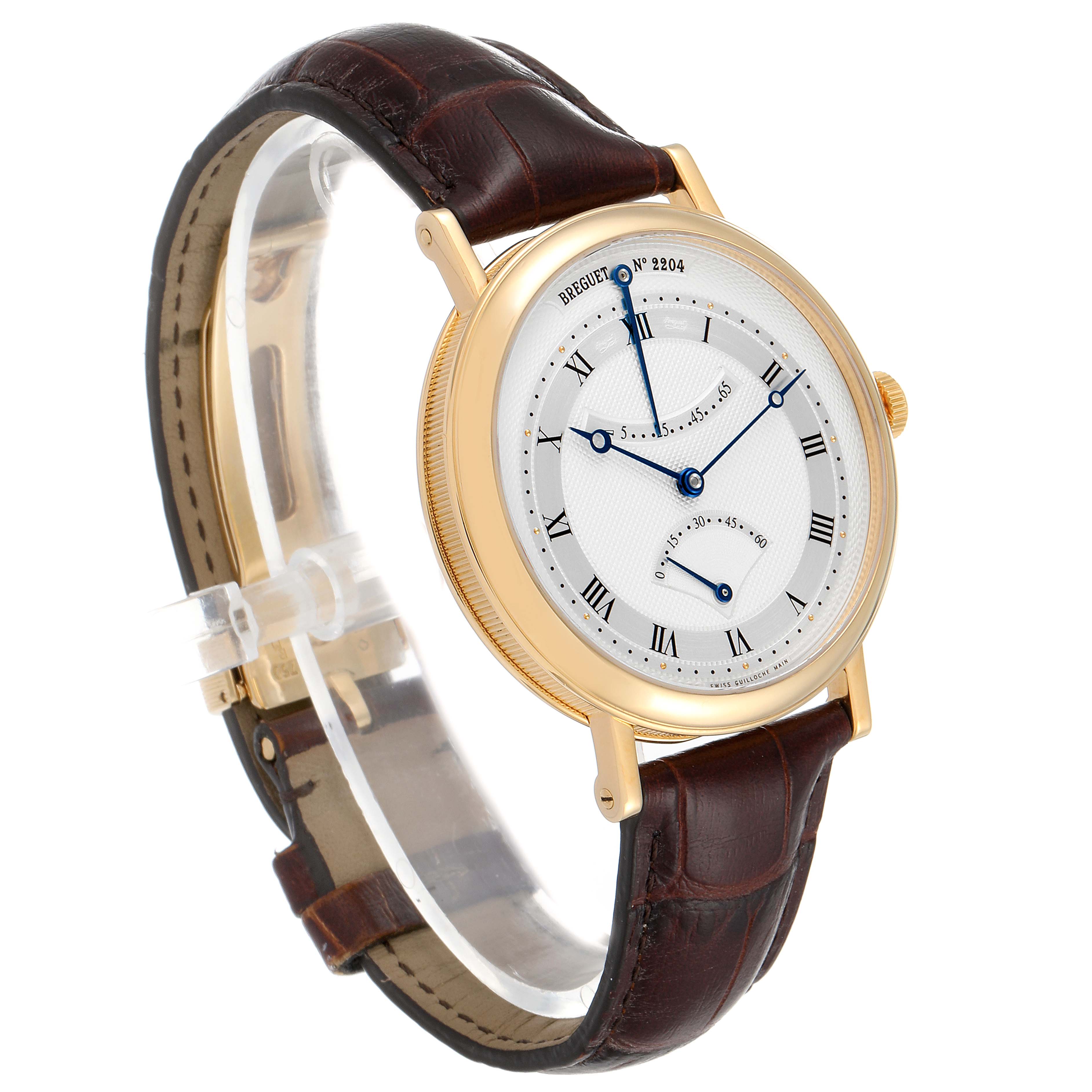 The image shows a side and partial front view of the Breguet Classique 5207BA/12/9V6 Men's Yellow Gold Silver Dial 5207BA/12/9V6 Men's Yellow Gold Silver Dial watch with a gold case and brown leather strap.