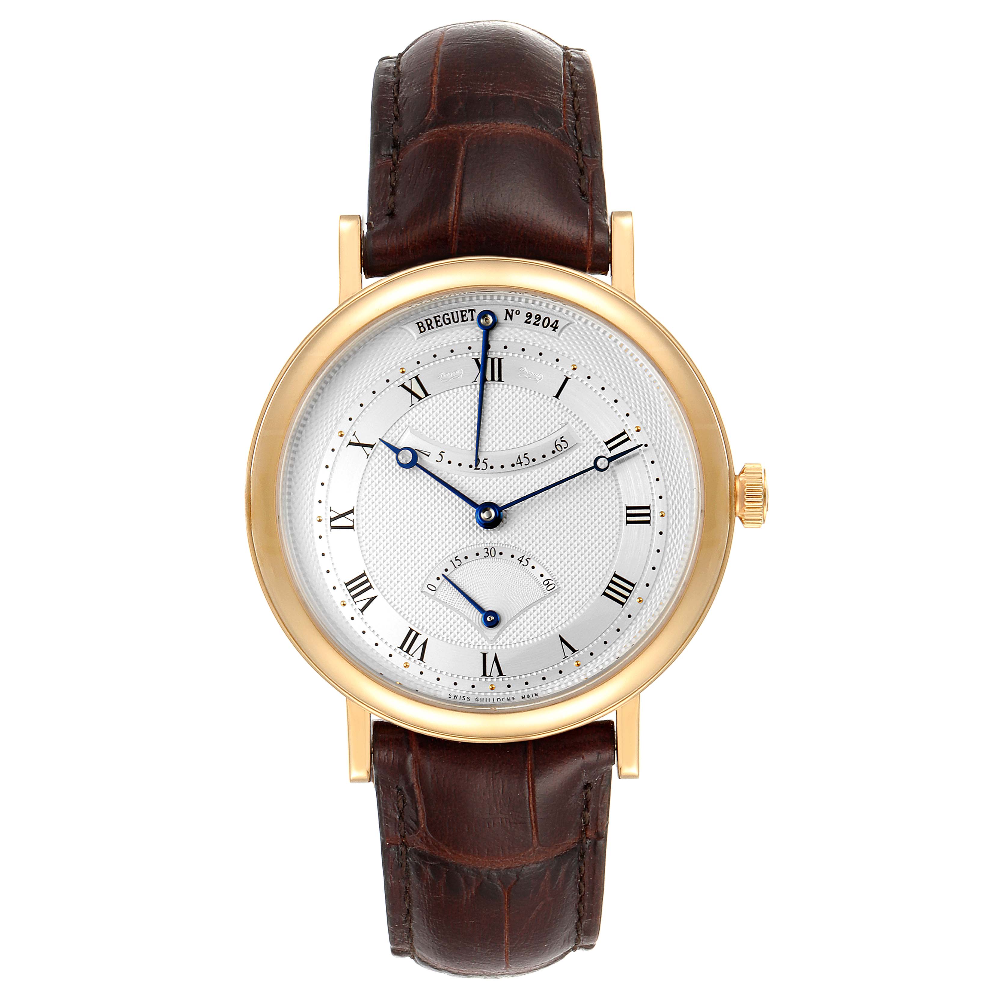The image shows a front view of the Breguet Classique 5207BA/12/9V6 Men's Yellow Gold Silver Dial 5207BA/12/9V6 Men's Yellow Gold Silver Dial watch, displaying the dial, hands, case, and leather strap.