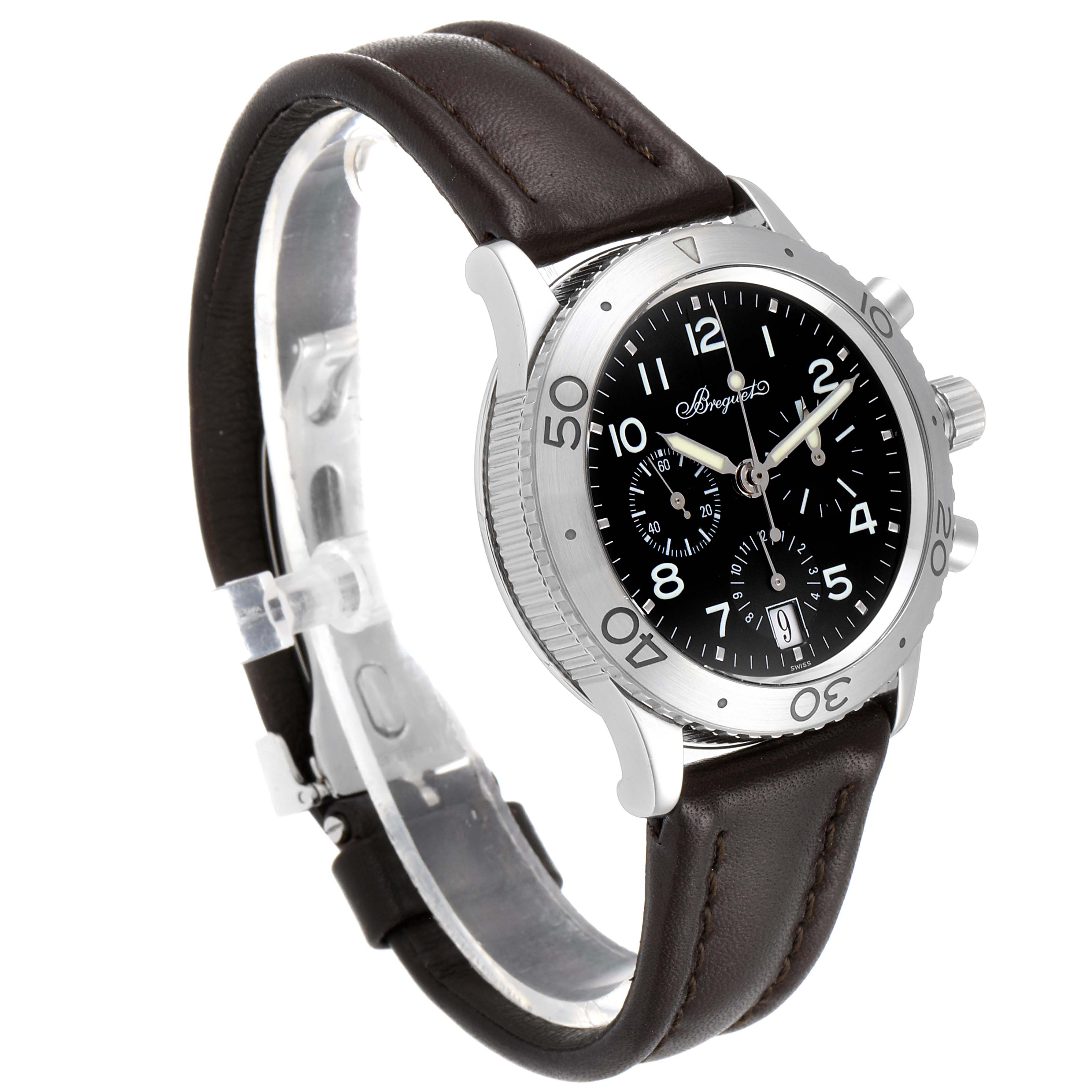 The image shows a Breguet Type XX - XXI - XXII 3820ST/H2/9W6 Men's Stainless Steel Black Dial 3820ST/H2/9W6 Men's Stainless Steel Black Dial watch at a slightly angled view, highlighting the dial, bezel, and brown leather strap.