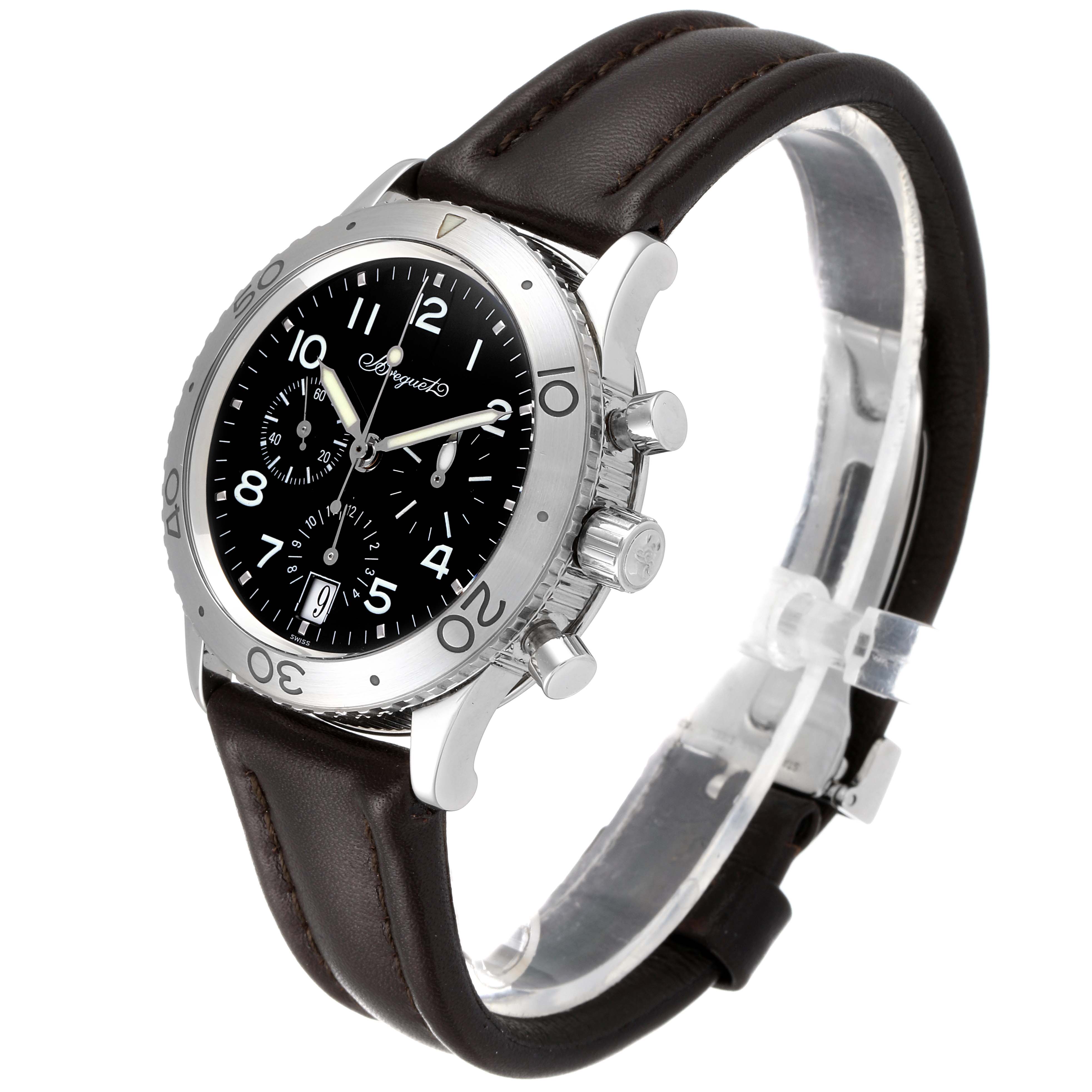 The Breguet Type XX - XXI - XXII 3820ST/H2/9W6 Men's Stainless Steel Black Dial 3820ST/H2/9W6 Men's Stainless Steel Black Dial watch is shown at a three-quarter angle, highlighting its bezel, face, crown, pushers, and leather strap.
