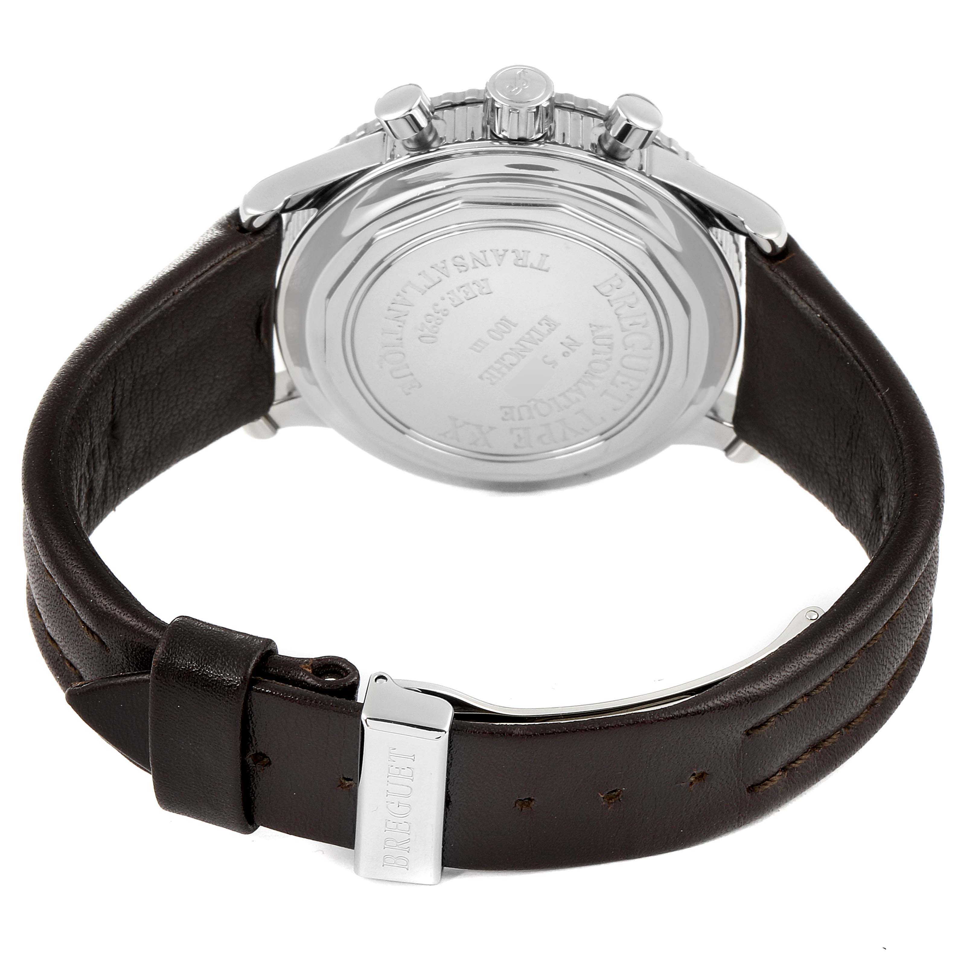 This image shows the back case and strap of a Breguet Type XX - XXI - XXII 3820ST/H2/9W6 Men's Stainless Steel Black Dial 3820ST/H2/9W6 Men's Stainless Steel Black Dial watch from a rear angle.