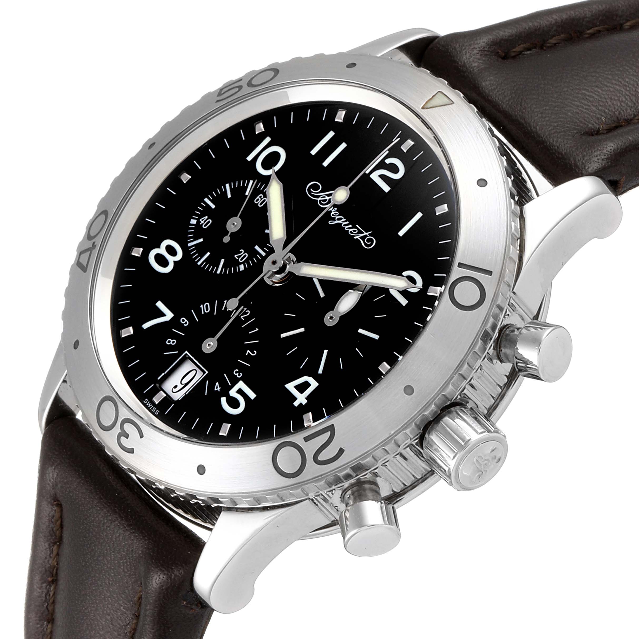 This image showcases a Breguet Type XX - XXI - XXII 3820ST/H2/9W6 Men's Stainless Steel Black Dial 3820ST/H2/9W6 Men's Stainless Steel Black Dial watch from a front-left angle, highlighting the case, crown, subdials, and leather strap.