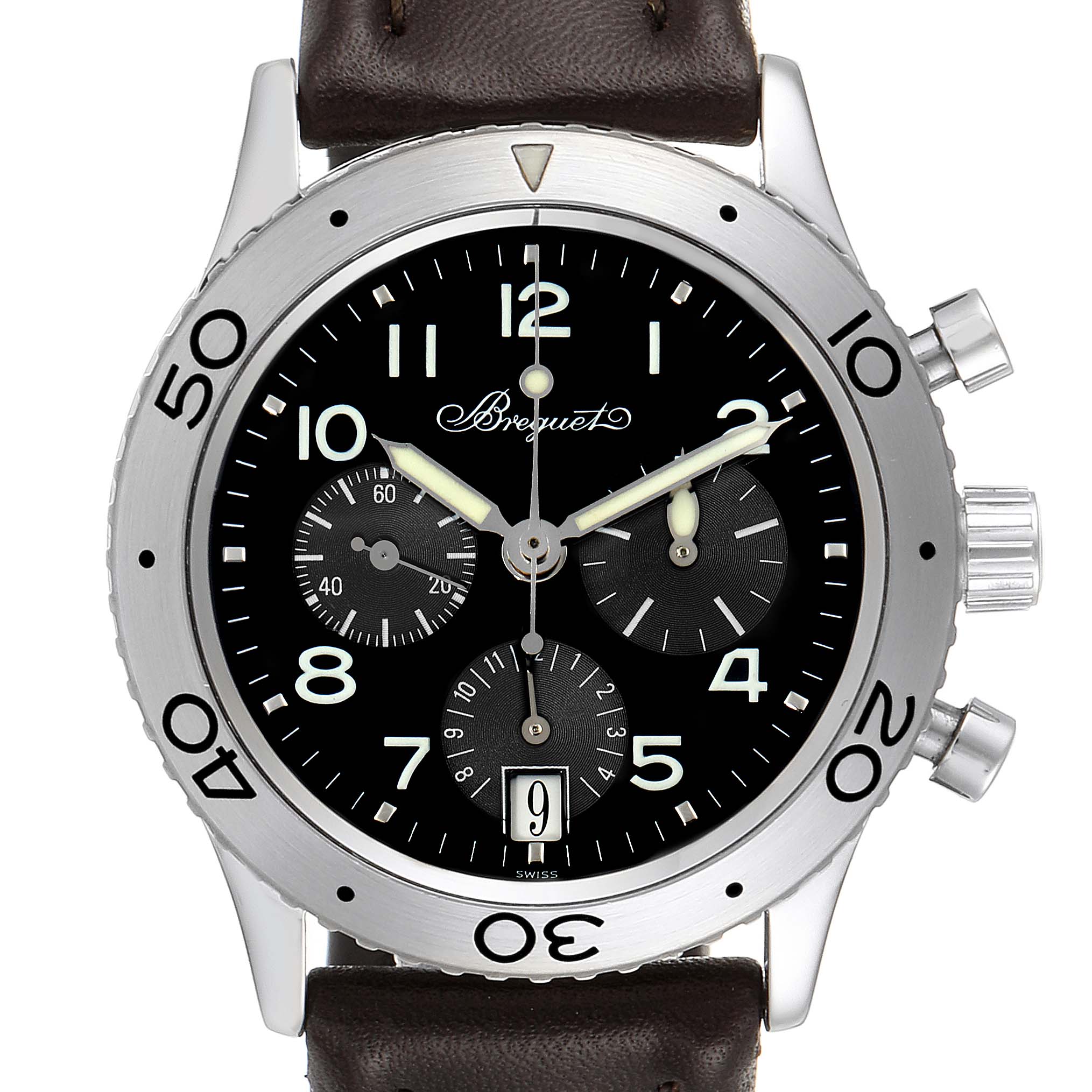 The image shows the front view of a Breguet Type XX - XXI - XXII 3820ST/H2/9W6 Men's Stainless Steel Black Dial 3820ST/H2/9W6 Men's Stainless Steel Black Dial watch, displaying its dial, subdials, bezel, and leather strap.