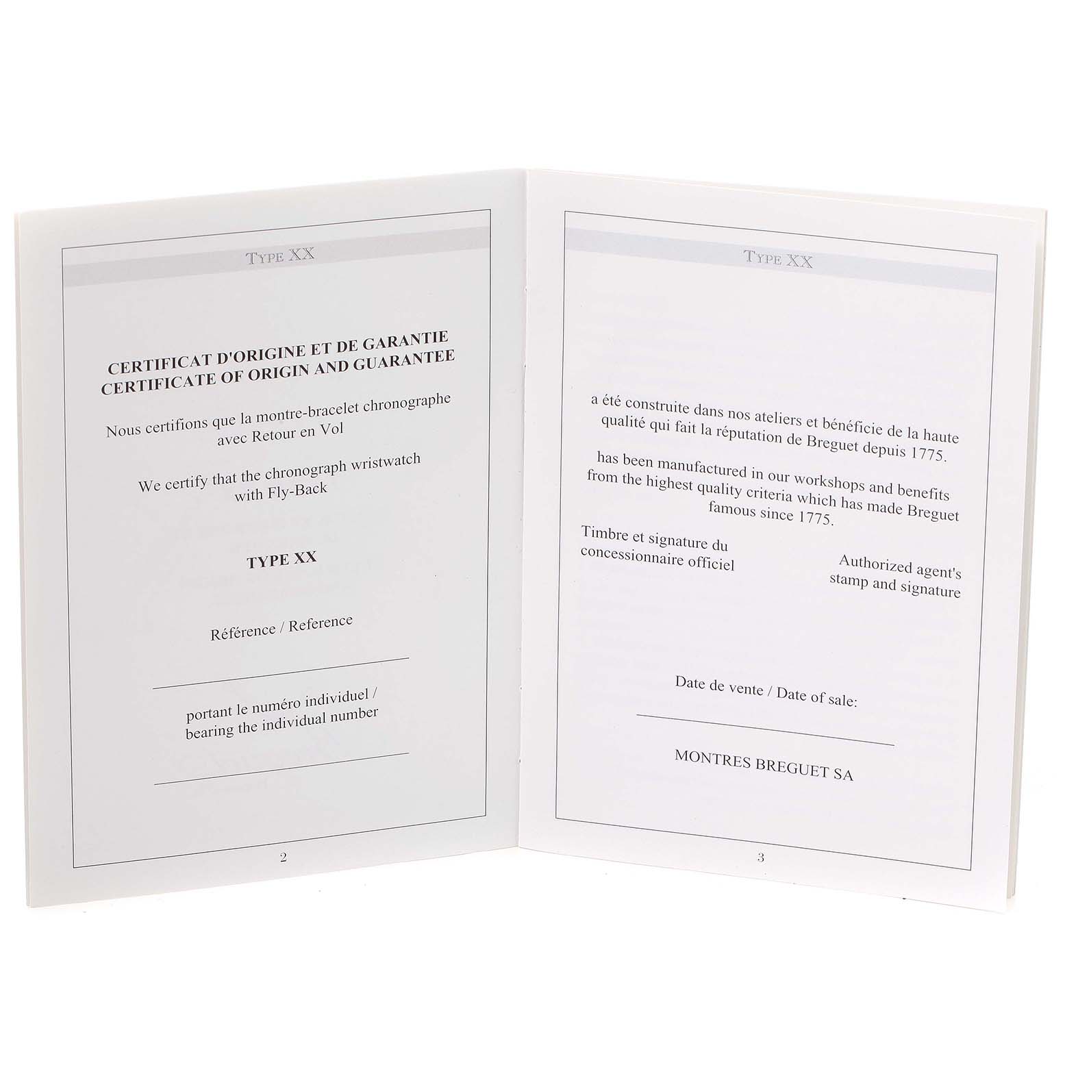 This image shows an open certificate of origin and guarantee for a Breguet Type XX watch.
