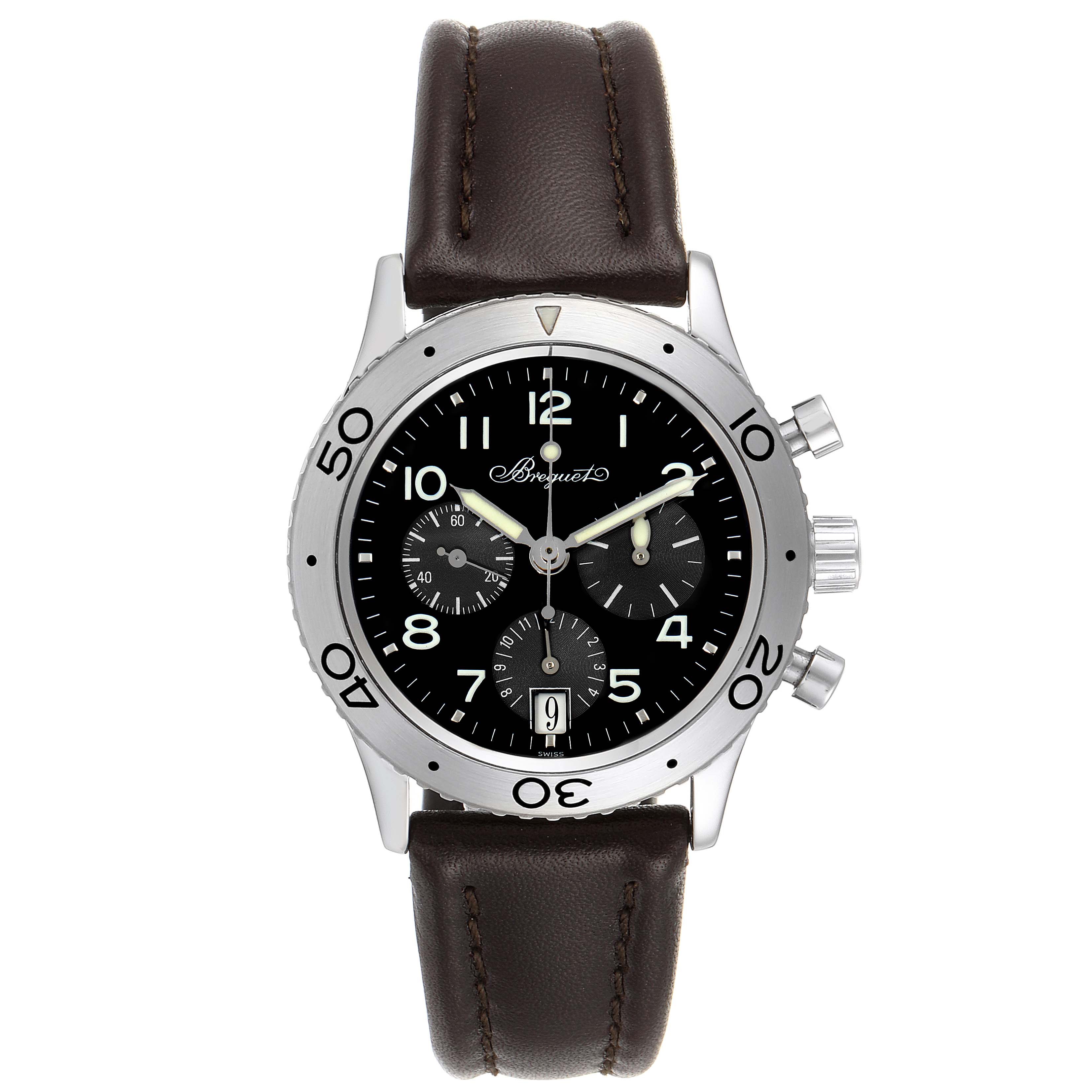 The Breguet Type XX - XXI - XXII 3820ST/H2/9W6 Men's Stainless Steel Black Dial 3820ST/H2/9W6 Men's Stainless Steel Black Dial watch is shown from a front angle, displaying its dial, bezel, and leather strap.