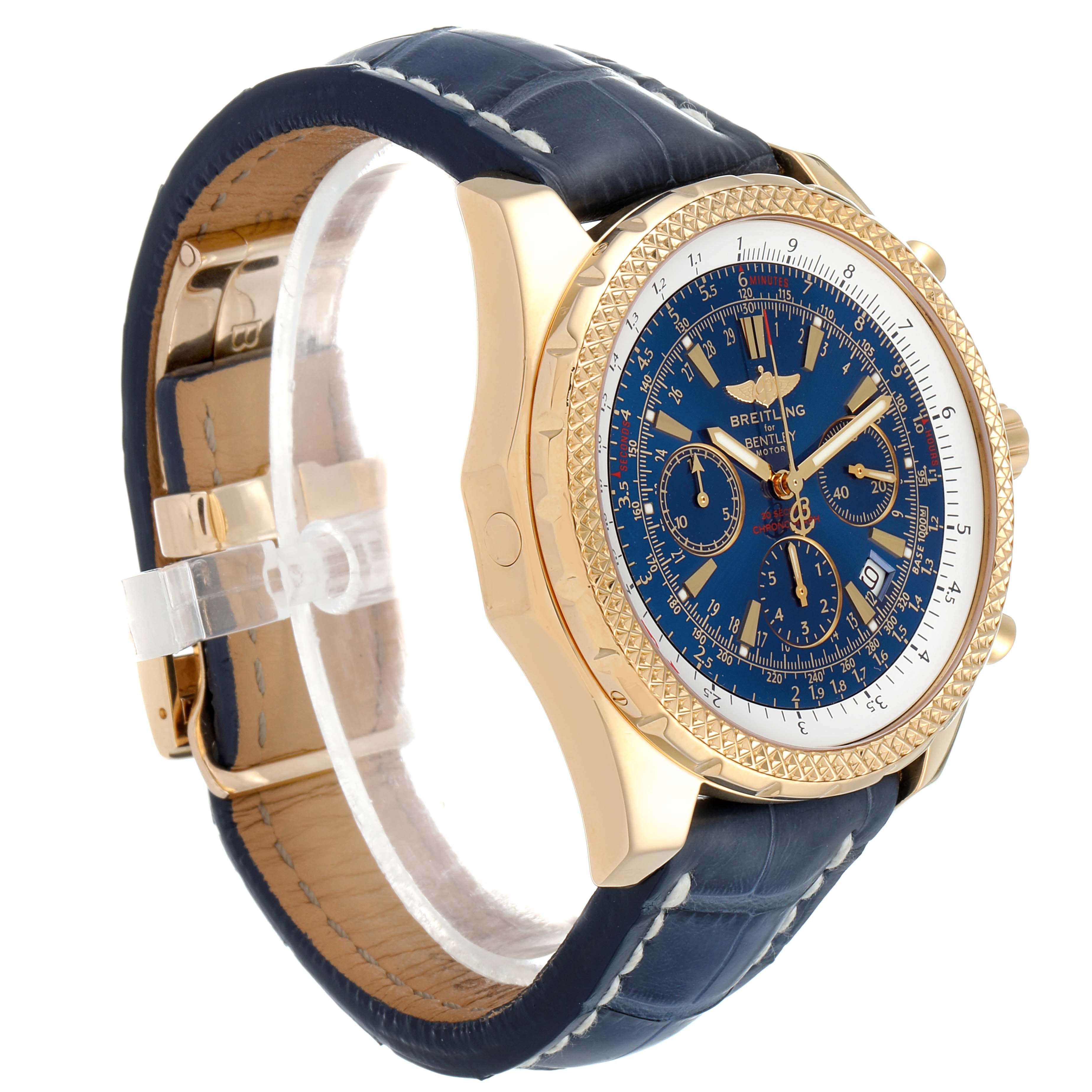 The Breitling Bentley K25362 Men's Yellow Gold Blue Dial K25362 Men's Yellow Gold Blue Dial watch is shown at an angled side view, highlighting the blue dial, gold-tone casing, and navy leather strap.