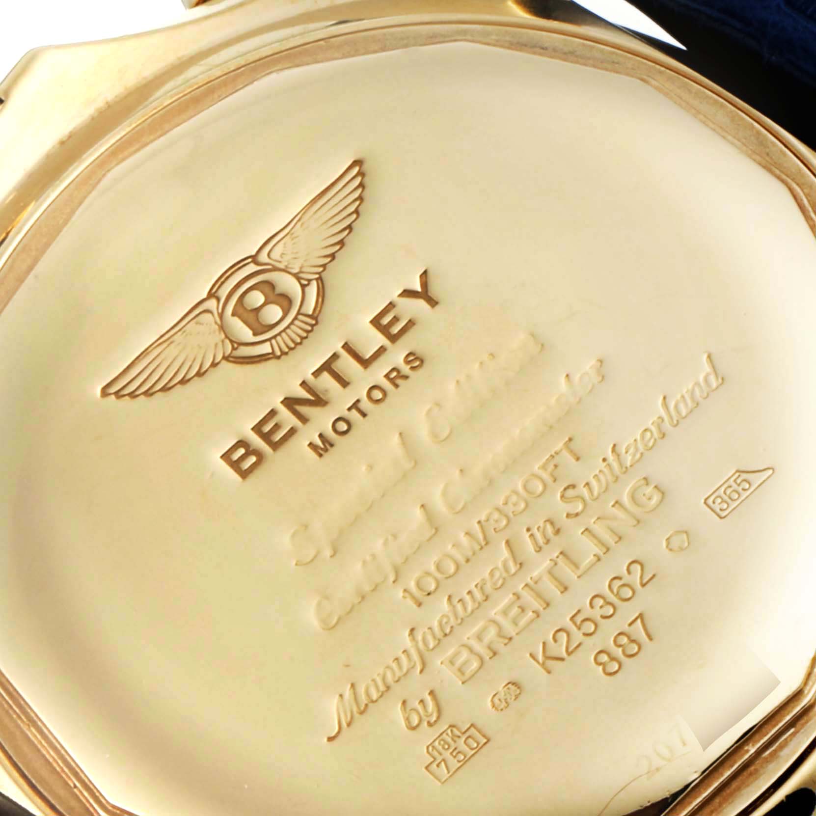 The image shows the back case of a Bentley model watch by Breitling, photographed from an angled close-up.