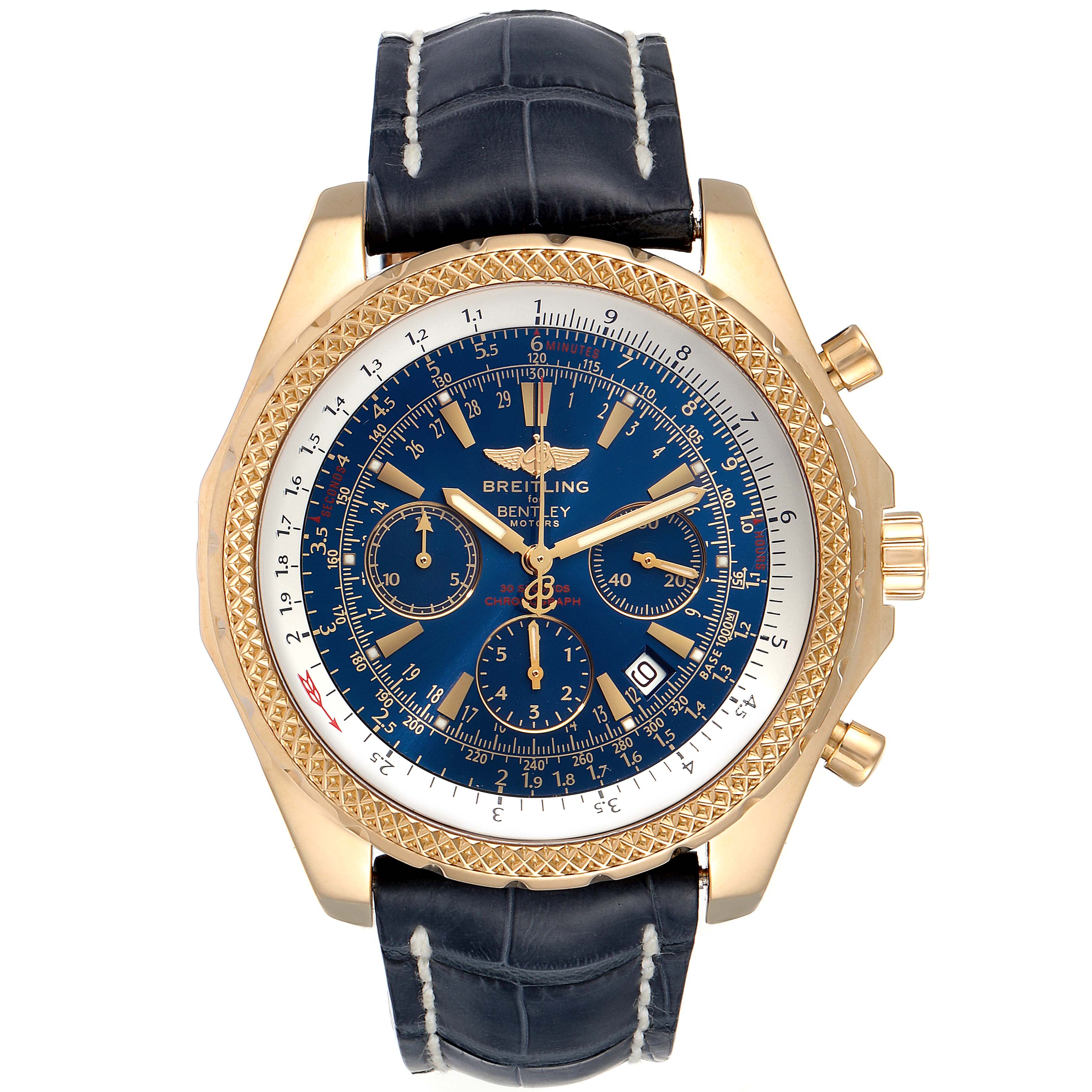 The image shows a front view of a Breitling Bentley K25362 Men's Yellow Gold Blue Dial K25362 Men's Yellow Gold Blue Dial watch with a blue dial, gold case, and black leather strap.