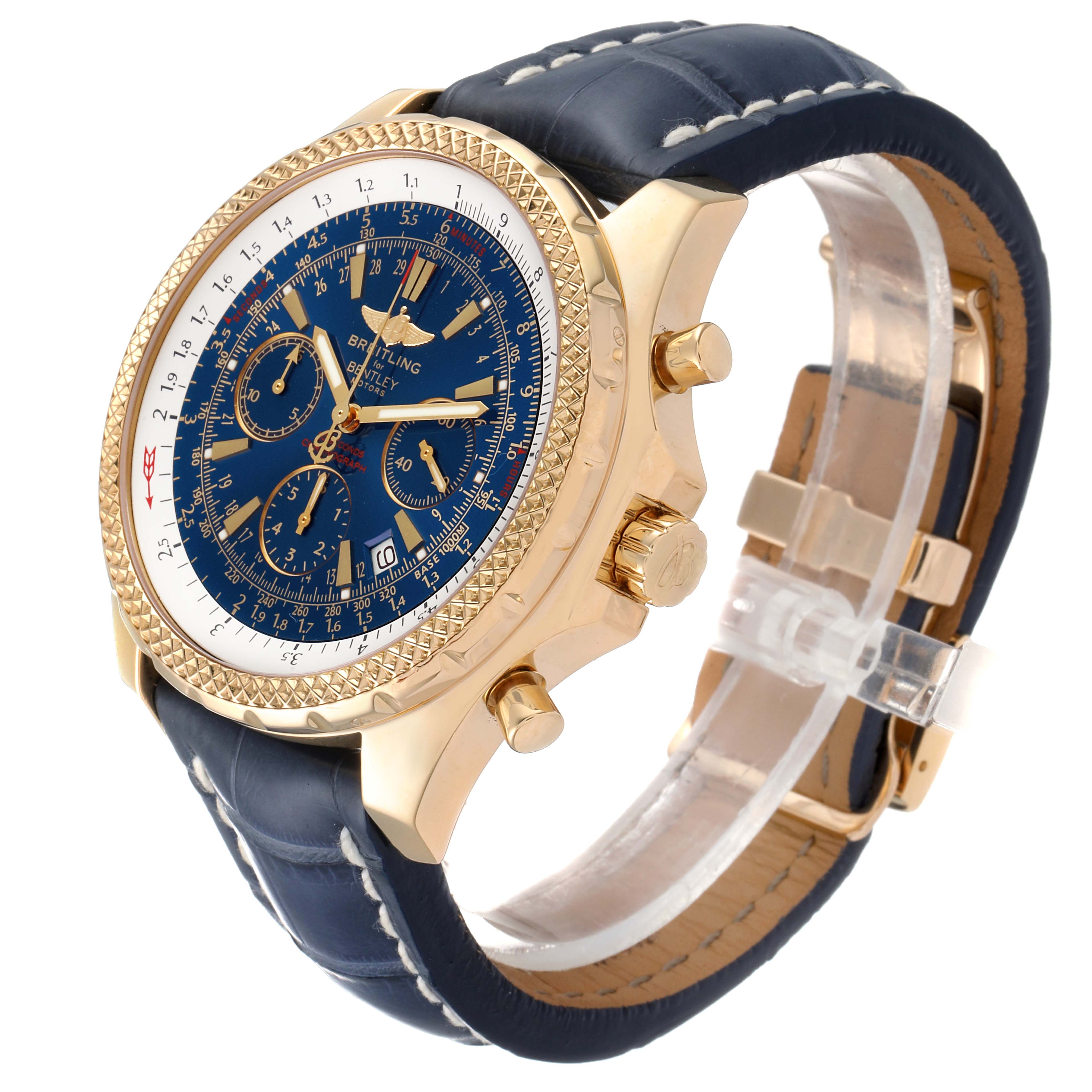 The image shows a side angle of the Breitling Bentley K25362 Men's Yellow Gold Blue Dial K25362 Men's Yellow Gold Blue Dial watch, highlighting the blue dial, gold case, and leather strap.