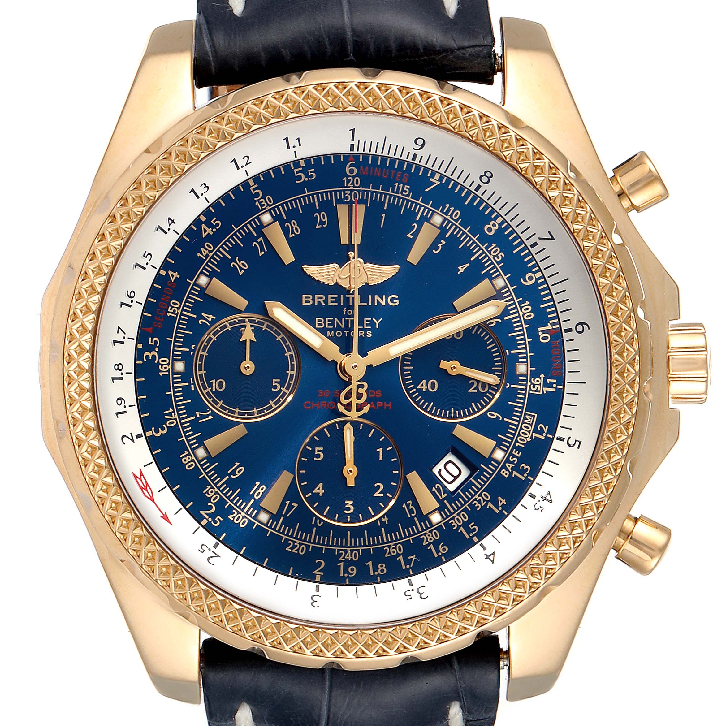 Breitling Bentley Yellow Gold Blue Dial Chronograph Watch K25362 Box ...